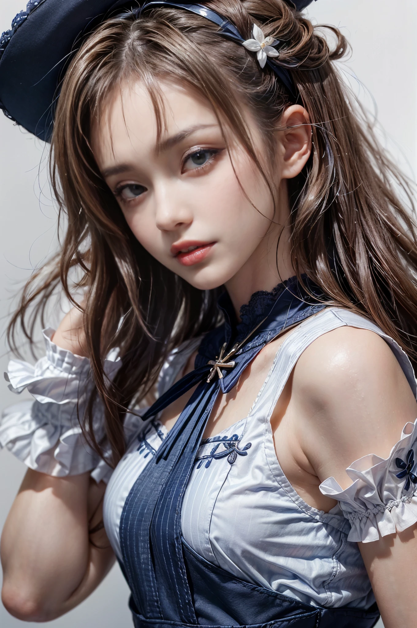 (front focus、perfect anatomy:1.5)、(Super detailed、16K quality、genuine skin: 1.6)、hyper genuineist、genuine.cinematic lighting、Portrait、highly detailed face、1 beautiful thai girl、 (Beautiful 14 year old half Thai/japanese girl、smile:1.3)(medium straight brown hair、Large slit eyes、eye shadow、eyeliner、green color contact lenses:1.5)flashy gal makeup(黒くsunburnした肌、black skin:1.8)sunburn、eyeliner、red lips.Break(Navy Blue Theme:1.4), (Hairpiece:1.3), (Short Sleeves (Navy Blue Sailor Uniform Top) with Double Breasted:1.4), (Double Breasted:1.2), ((Navy Blue Ruffled Tiered Super Long Skirt:1.4), ((White Scapular, White Needles):1.3), ( Very Detailed White Embroidery:1.3), (Navy Blue Sai High Boots with Purple Lace-Ups:1.3), (Long Gloves:1.3), ((White Background:1.5))(Publicity photo pose、ID photo、white background、shadow behind、Portrait)