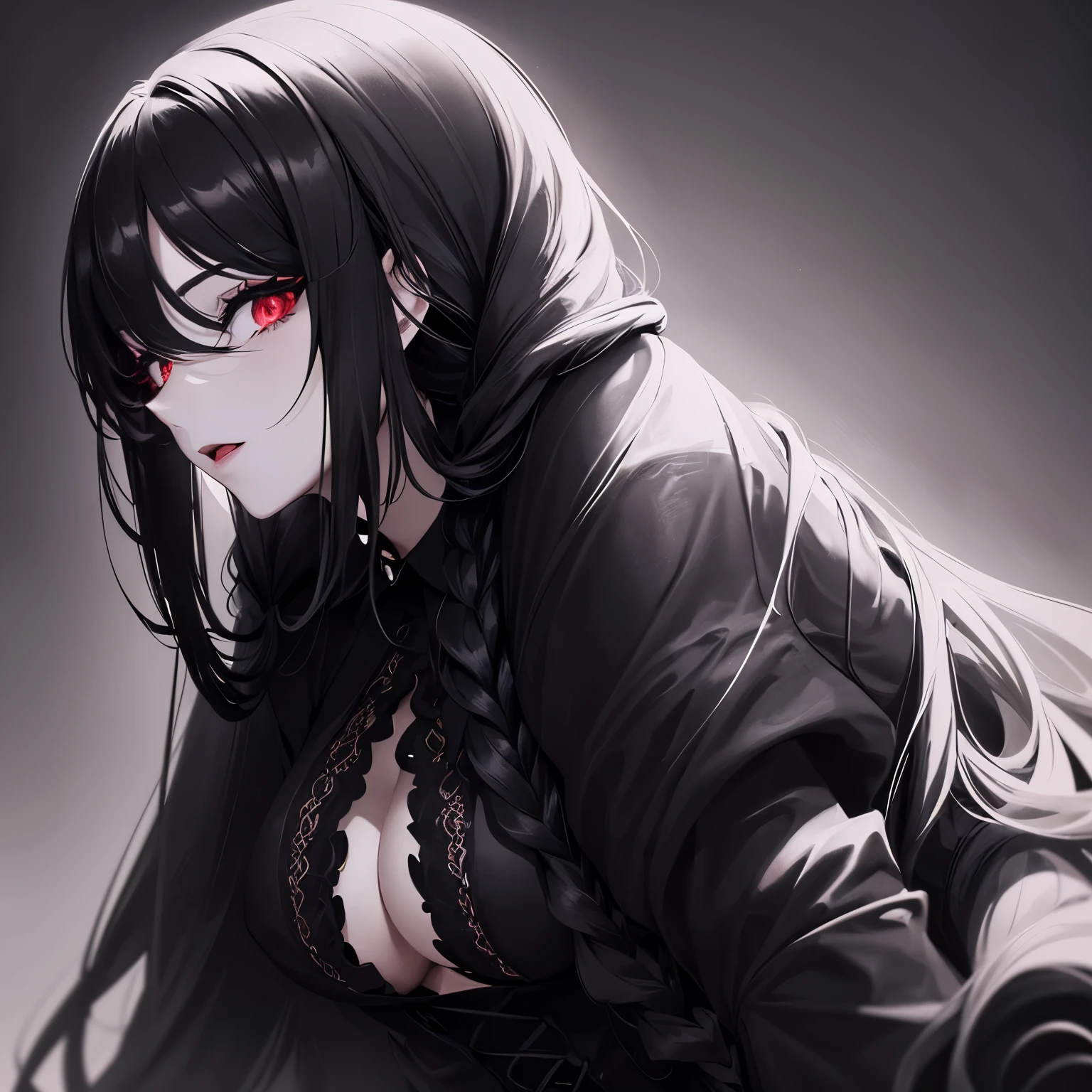 1girl,sense of deps,disorganized,catch light,Super beautiful illustrations,(black color,long hairstyles:1.6),Turn around,dark dark eyeshadow,bright red lipstick,gothic lolita,Upper body,;D,beautiful and delicate flowing hair,Delicate and detailed red eyes,big breasts