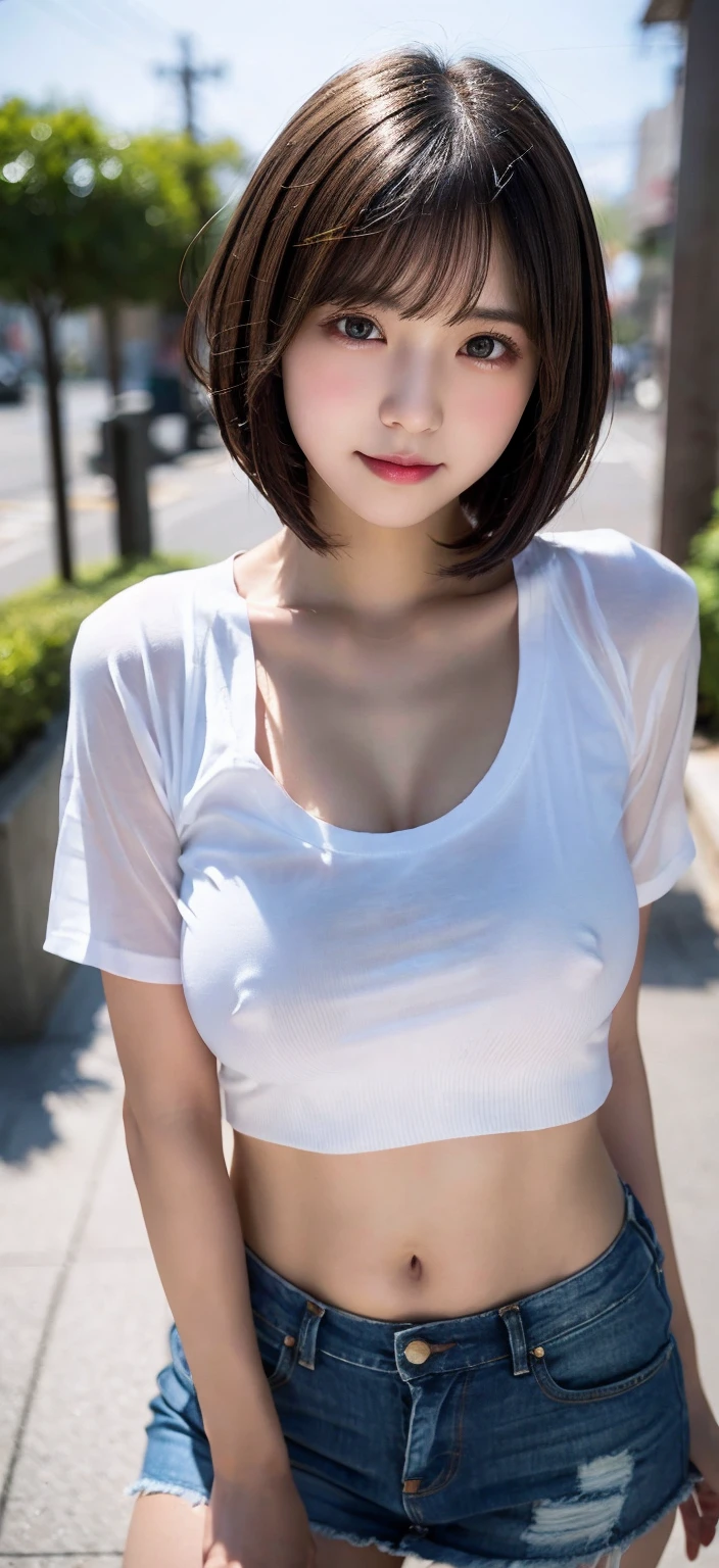 heavy rain, line drawing, looking at camera, naked body, A wet T-shirt with a transparent chest and a low-rise denim miniskirt., I can see your stomach, Pubis visible, kiss face, idol face, handsome face, blur the background, bob cut, huge boobs, , In addition, smile, masterpiece, highest quality, RAW photo, realistic, beautiful girl, cute, short hair, Depth of written boundary, High resolution, Super detailed, small details, very detailed, very detailedな目と顔, sharp pupils, cinematic lighting