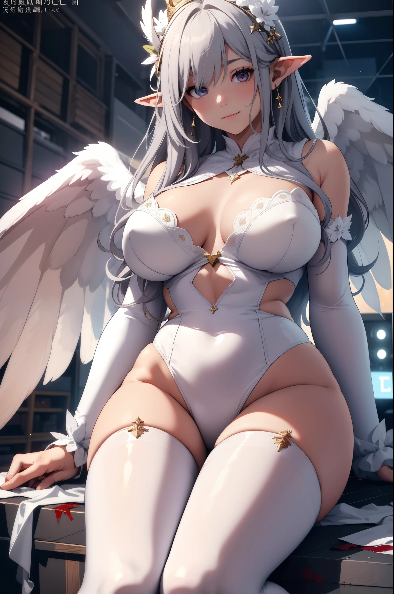 giant girl 50,000 feet high,Weight 1000kg,Has a pair of long legs,Open your eyes wide,Has a pair of huge white angel wings,With huge devil horns on his head,crown on head,Elf wearing white earrings,She has long pink hair that reaches her feet,loose hair,Pink wavy long curly hair,Wearing a pair of white boots,White lace gloves,White lace pantyhose,Pantyhose with bow and star decorations,白色蕾丝whole body,sitting on a tall building,Beautiful appearance,Exquisite makeup,quality,8k,高quality,Perfect proportion, Cinema lighting,film grain,Fuji colors,8k,textured skin,Super details,high detail,high resolution,fake smile,blood stains,脚底有blood stains,whole body,Obese,elf princess,feather,flowers