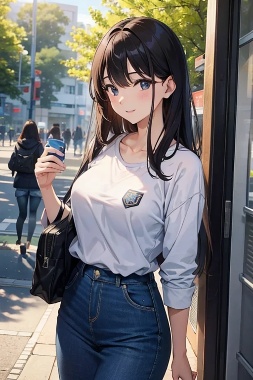 university campus、Handouts、beautiful mature woman