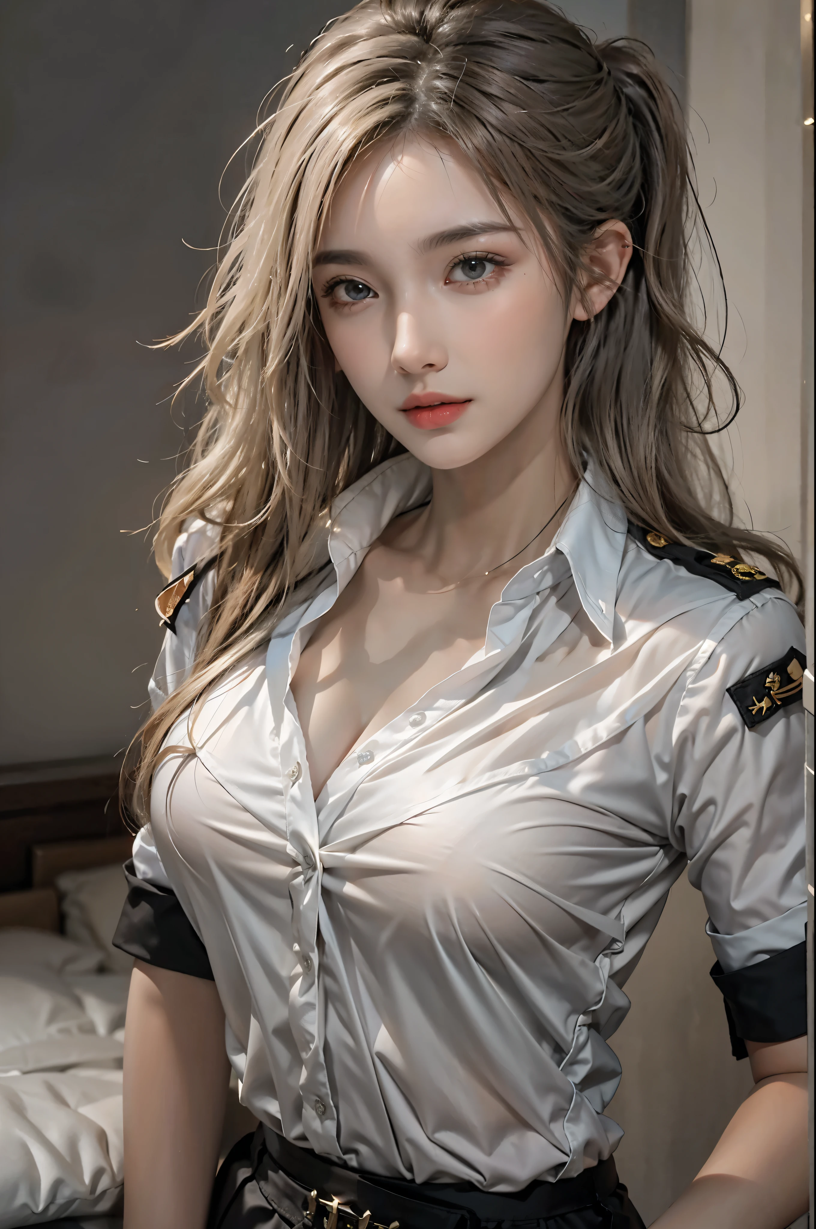 realistic, High resolution, soft light,1 female, alone, hip up, glowing skin, (detailed face),tattoo, jewelry, secretary clothes, white shirt, black skirt, black stockings, garter belt, night, blonde hair, wavy hair, Beautiful Soldier, Eyes that invite the viewer, spouse'point of view, attractive appearance, sexy smile, perfect style, perfect balance, fine skin, naughty look, I can see your breasts