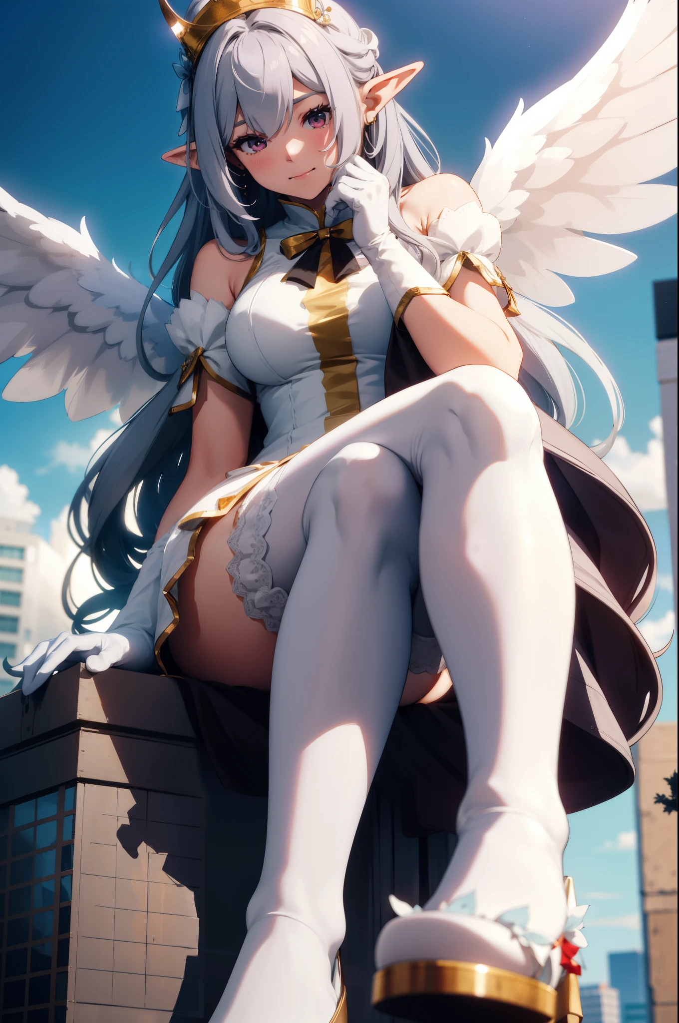 giant girl 50,000 feet high,Weight 1000kg,Has a pair of long legs,Open your eyes wide,Has a pair of huge white angel wings,With huge devil horns on his head,crown on head,Elf wearing white earrings,She has long pink hair that reaches her feet,loose hair,Pink wavy long curly hair,Wearing a pair of white boots,White lace gloves,White lace pantyhose,Pantyhose with bow and star decorations,白色蕾丝whole body,sitting on a tall building,Beautiful appearance,Exquisite makeup,quality,8k,高quality,Perfect proportion, Cinema lighting,film grain,Fuji colors,8k,textured skin,Super details,high detail,high resolution,fake smile,blood stains,脚底有blood stains,whole body,Obese,elf princess,feather,flowers