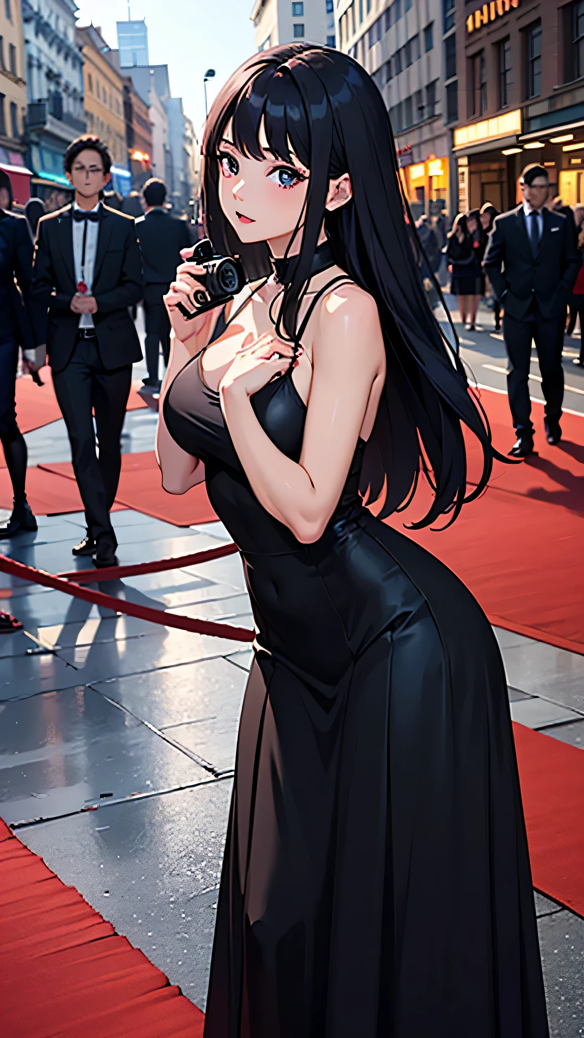 最high quality、best image quality、masterpiece、teenage girl((18-year-old、 By becoming、vest bust、medium bust,wide open breast tea、black eye, colorful hair、long hair、thin,highest valley、toned chest、black dress、black long skirt、Black muffler)),high quality、beautiful art、background((party venue、red carpet、black limousine、camera flash)),debris flies、Depth of written boundary、movie、visual art、perfect art、8K,genuine