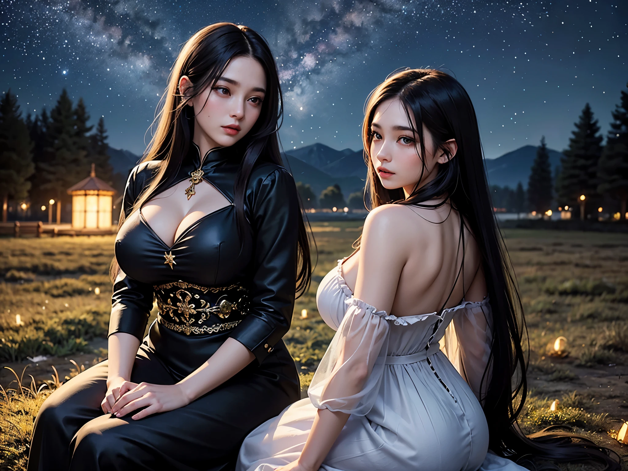 (best quality, masterpiece:1.2), 24-year-old woman,huge breasts, cute dress, long black hair, sitting, beautiful outdoor background, night, plains, detailed eyes, detailed lips, enchanting expression, twinkling stars, moonlit atmosphere, mystical ambiance, fireflies