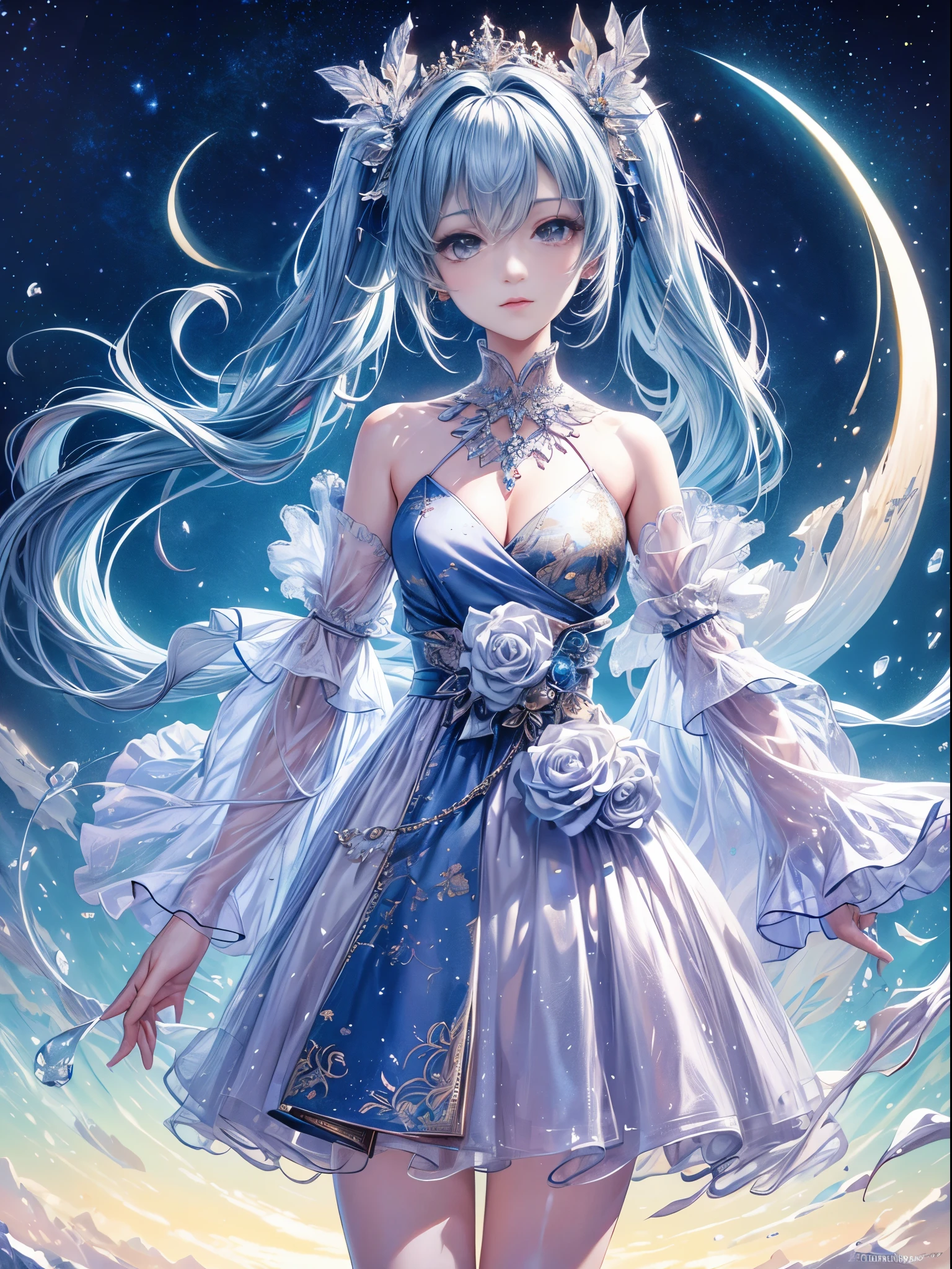 official art, Unity 8k wallpaper, ultra-detailed, beautiful and visually appealing, masterpiece, best quality, serene moon princess, (2 elegant and intricate hairstyles, one being Odango and the other featuring two long pigtails), crescent moon, dynamic angles, cowboy shooting, most beautiful chaotic form, elegant, cubist art:1.3, vibrant colors, romanticism, the glow of stars, northern lights.