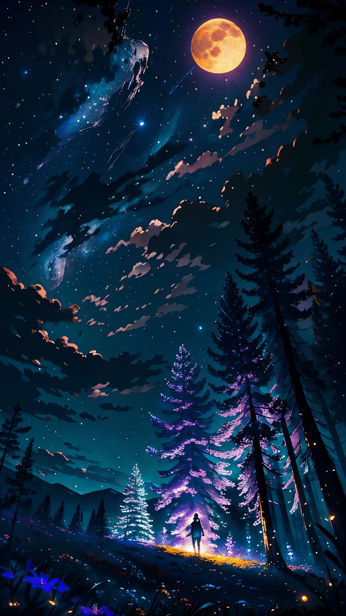 Expansive landscape photograph, (view from below with a view of the sky and the wilderness below), lawyer standing in a flower field looking up, (full moon: 1.2), (shooting star: 0.9), (nebula: 1.3), distant mountain, tree break production art, (warm light source: 1.2), (firefly: 1.2), lamp, purple and orange, intricate detail, volume lighting BREAK (masterpiece: 1.2), (highest quality ), 4k, ultra-detailed, (dynamic configuration: 1.4), highly detailed and colorful details (iridescent: 1.2), (sparkling lighting, atmospheric lighting), dreamy, magical, (solo: 1.2)