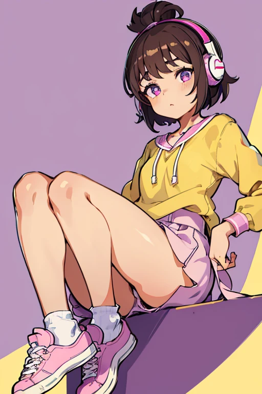 Melodii has light skin, short light brown hair with a pompadour and side bangs, slightly flushed cheeks, a small nose, hazel irises, and white pupils, along with their short stature. They wear lilac headphones with purple quarter-note speakers and a yellow microphone attached. They also wear light pink sweater over a white shirt, with lilac shorts and light pink shoes with yellow soles.
