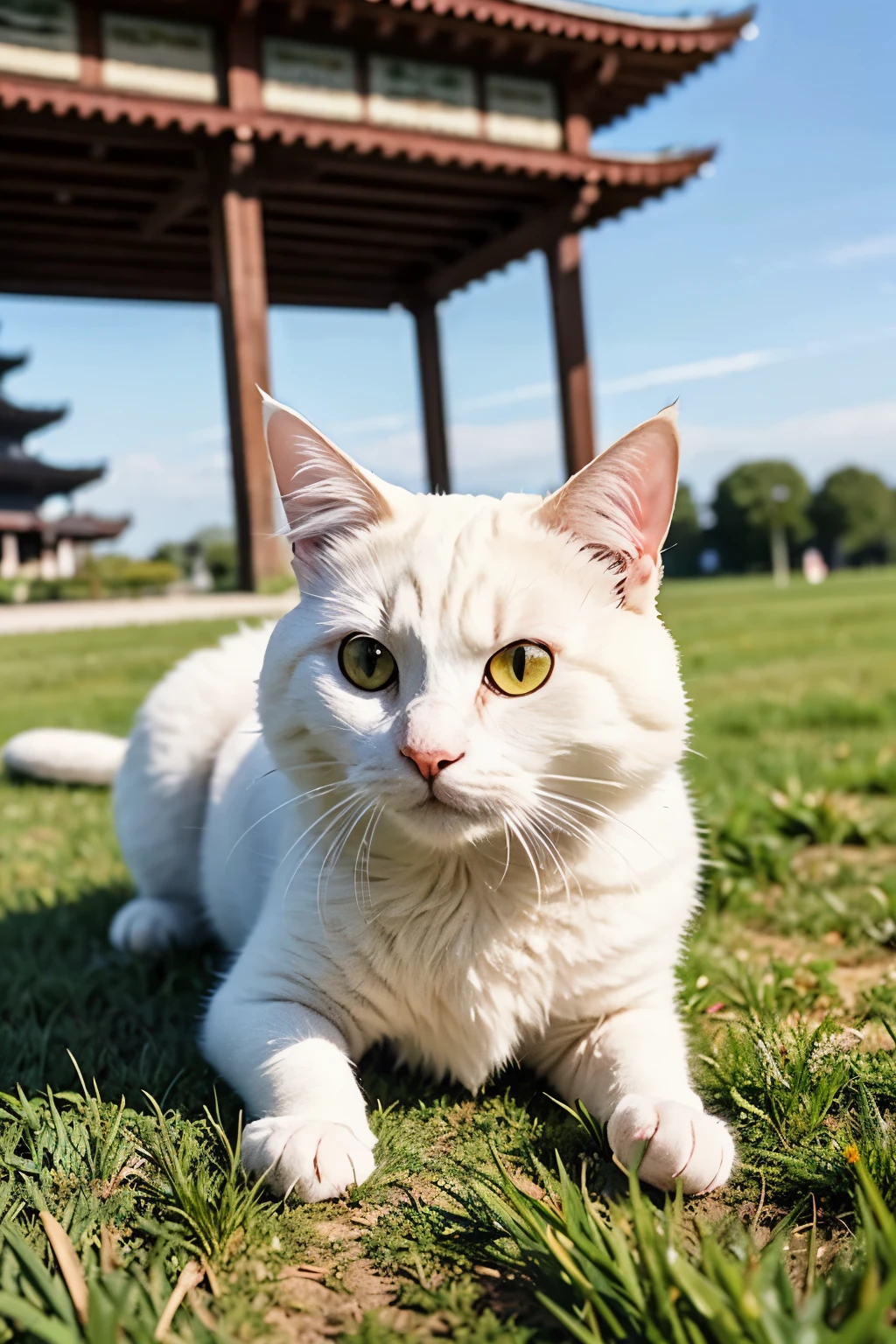 Dumb cute的小Cat，穿着sportswear，cute，Dumb cute，Exquisite，on a grassy field，小Cat咪，Cat，sportswear，The background is a pagoda，小Cat咪