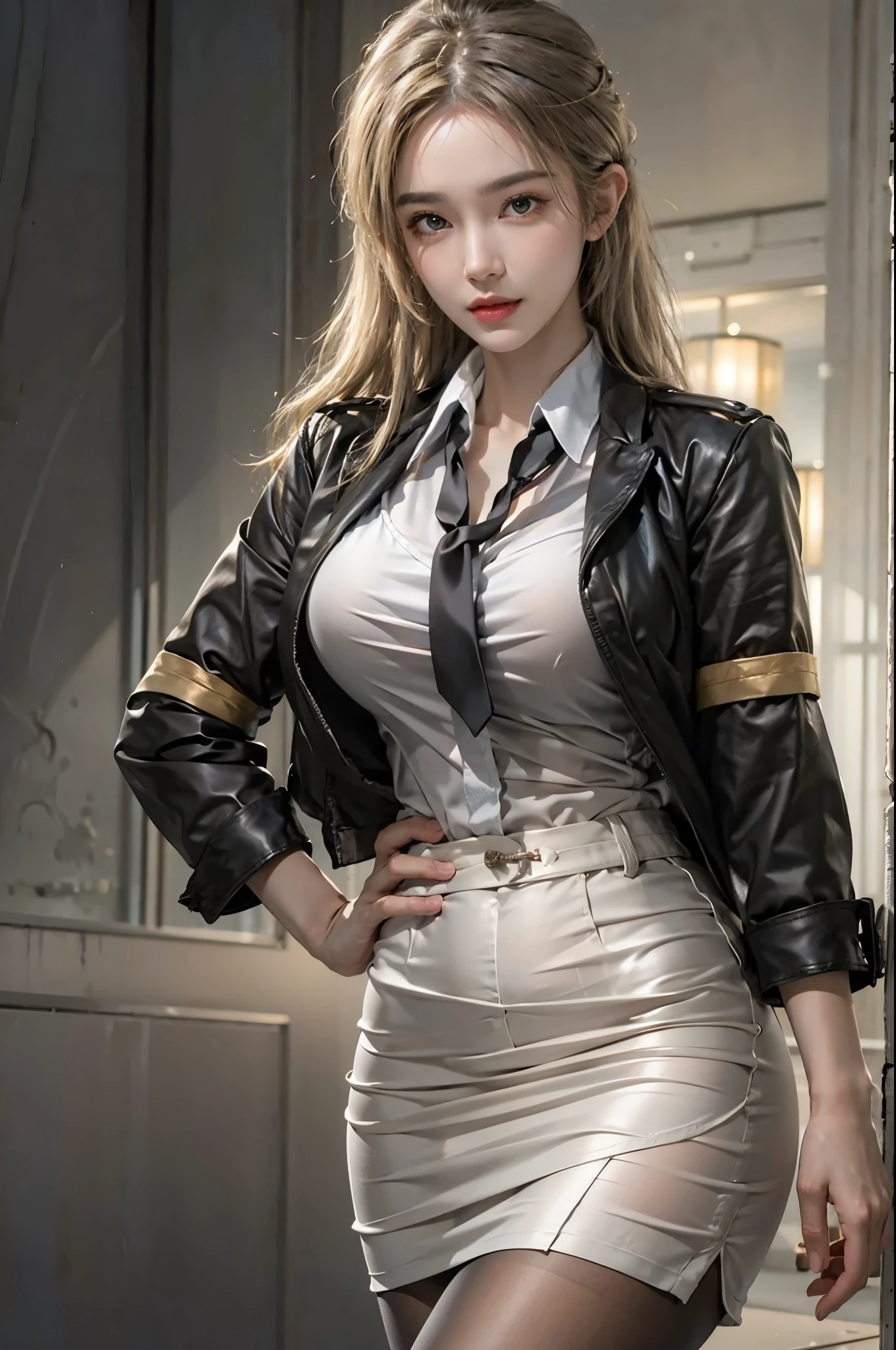 realistic, High resolution, soft light,1 female, alone, hip up, glowing skin, (detailed face),tattoo, jewelry, Secretarial Uniform, white shirt, black skirt, black stockings, garter belt, night, blonde hair, wavy hair, Beautiful Soldier, Eyes that invite the viewer, lover&#39;s perspective, an inviting look, sexy smile, perfect style, perfect balance, fine skin, naughty look, I can see your chest