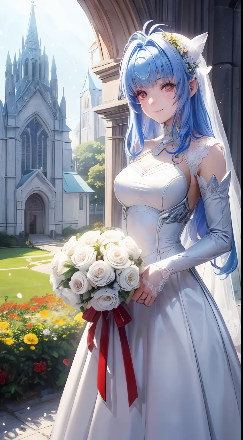 1 girl, 28 years old, bright blue hair, red eyes with Heart shaped pupils,, small breasts, master-piece, best quality, proportional body, proportional, Wedding Dresses, Long skirt, (((White Wedding Dresses))), ((Meadow with a view of a small church)), ((snowstorm of flowers)), Upper body, The sky is beautiful, Both hands hold a bouquet of red flowers, (light_Smile:1.5),