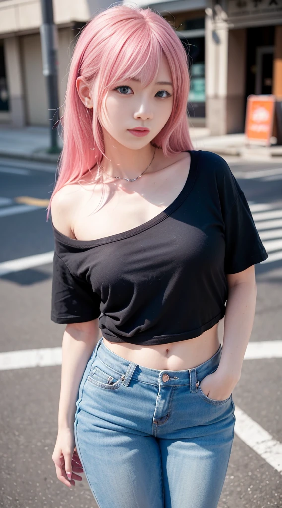 1 girl、foto de la joven (Sana Minatonazi:NamiTamaki:0.5) High resolution 1.2, (8k, RAW Photo, Best quality, Masterpiece), (realistic, photo-realistic:1.4), Ultra detailed, big face, On the street Tokio, sexy, medium height, beautiful woman, Yukata Beauty, the night、A landscape urban、City light、Upper body、sexy, close-up、(realistic blue eyes: 1.2), Asian woman with fine hair pink Cheng Yi, fine pink hair , inspired by Yanjun Cheng, flowing pink hair, Realistic skin tone, soft mouth, short pink hair pink, realistic pink short hair with two hair bons pink, very pretty, full body, realistic faces、pink hair,、(8k、raw photography、premium 、masterpiece:1.2)、(realistic、photorealistic:1.37), (pink hair), Ear hair, medium tits, ), wearing (black t-shirt:1.2) , pink top, long jeans with rips with a worn look, black jacket punk style with studs and tacks, pink and white sneakers