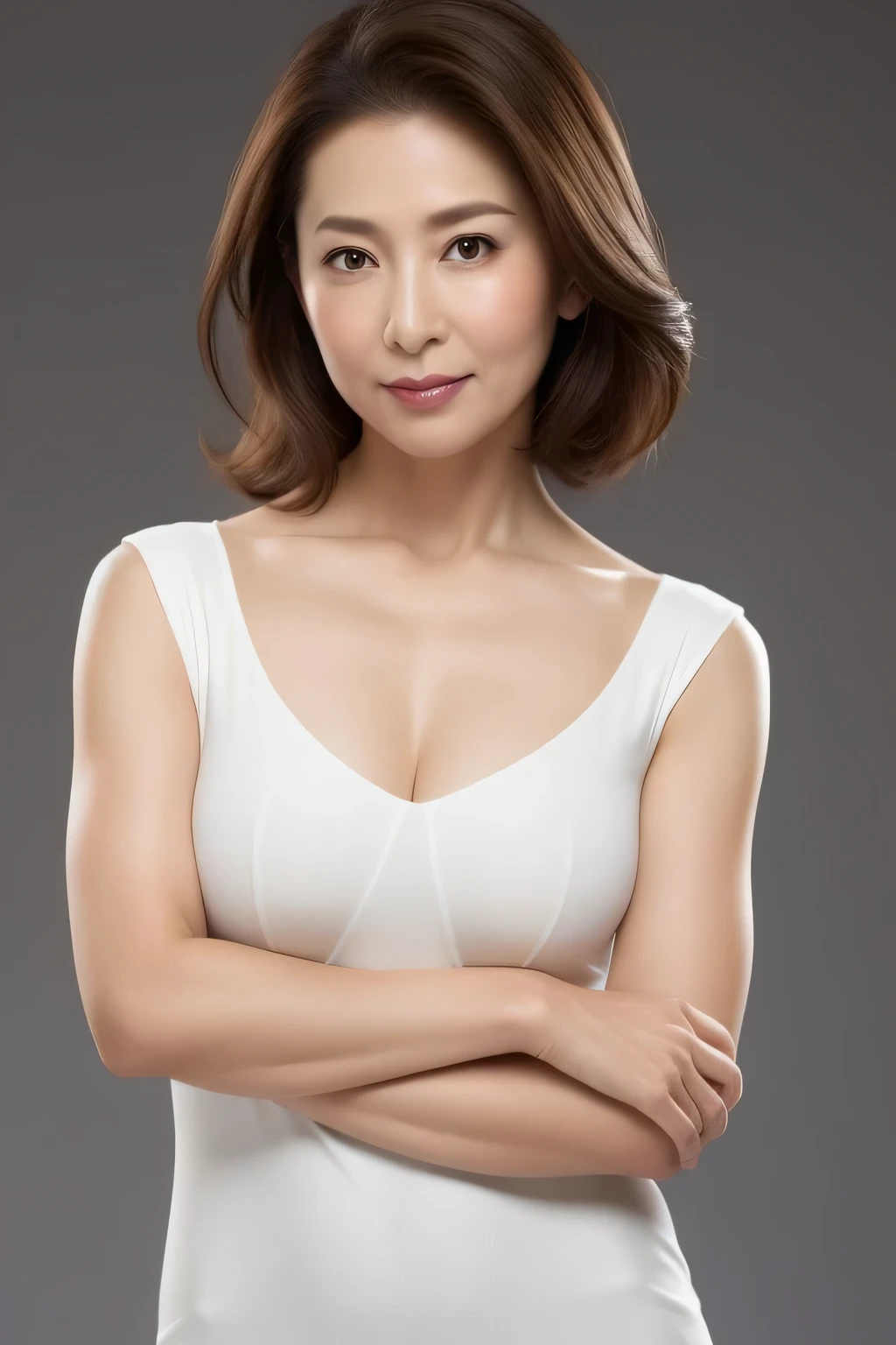 High resolution, High level image quality, high detail, masterpiece, rough skin, anatomically correct, sharp, gray background((japanese mature, 40 years)), alone, ((facial wrinkles)), good shape big breasts, Straight light brown hair that reaches to the shoulders, Chubby body type (((stand upright, facing the center of the screen.))), Close your mouth and look straight ahead with a serious face, pure white tight dress, ((cowboy shot)),