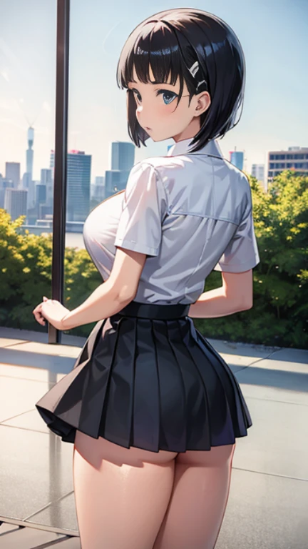 highest quality、8K、one girl，full body figure、、very big boobs，big boobs、Naoha Kirigaya、perfect 5-fingered hands、school uniform、mini skirt、Black panties are visible、Black Panties、shy face、perfect thing、big breasts、two perfect arms、two perfect legs、detailed description、small details、detailed face、white skin、short hair、black hair、going up stairs、stairs at school、turn around、look back、Pose that emphasizes the buttocks、back view、Voluptuous legs、lift skirt、Skirt flip、erotic pose、kirigaya suguha