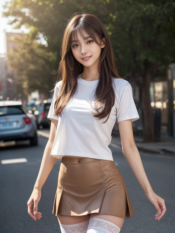 8K, table top, RAW photo, highest quality, realistic, Highly detailed CG Unity 8K wallpaper, Depth of bounds written, cinematic light, Lens flare, ray tracing, (very beautiful face, beautiful lips, beautiful eyes), face with intricate details, ((super dense skin)) 1 girl, in the dark, deep shadow, cute asian girl, 1 girl, (very slim and slender fit muscular body:1.3), ((looking at the viewer)),(big smile:1.3), (short skirt ), (mini skirt ), pantyhose, clear eyes, walk , front shot, (white skin), (big eye ace forward, ((big shirt)), (brown long hair), (looking at the viewer:1.3) very slim, medium breasts, (camel toe),laced stockings, Sunny, landscape, cheerleading clothes