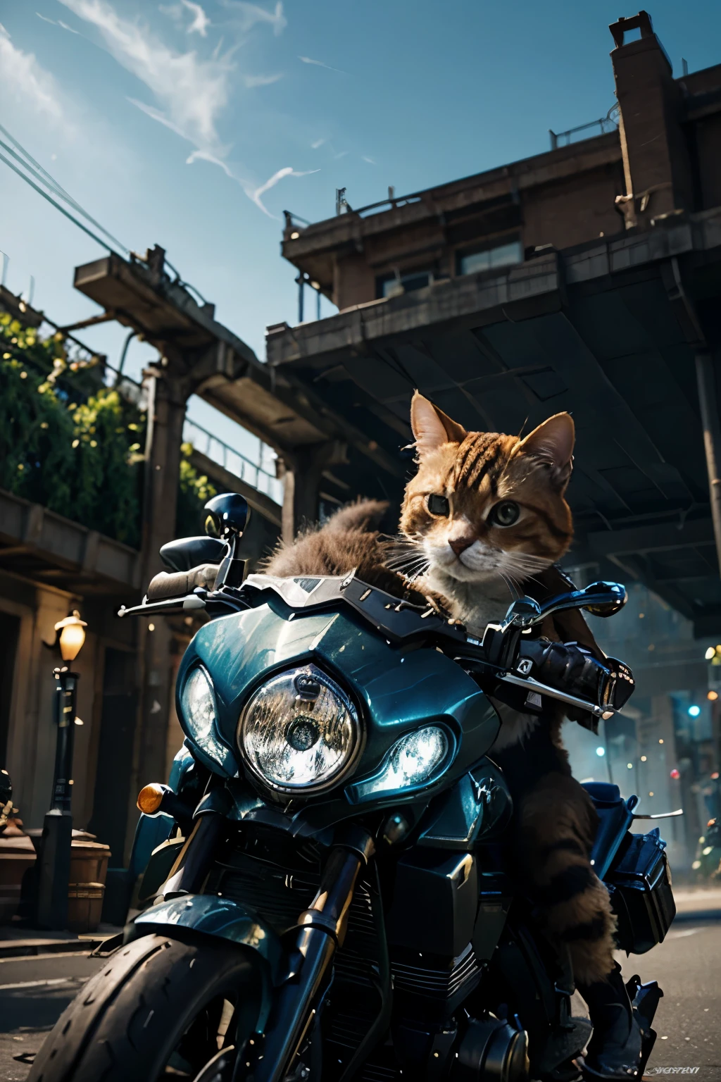 a close up of a cat riding on a motorcycle with a helmet on, official splash art, splash art, league of legends splash art, riot games concept art, riot games, from league of legends, wild rift, league of legends splashart, league of legends character art, teemo, riot game, ratchet and clank, cat summons a spaceship
