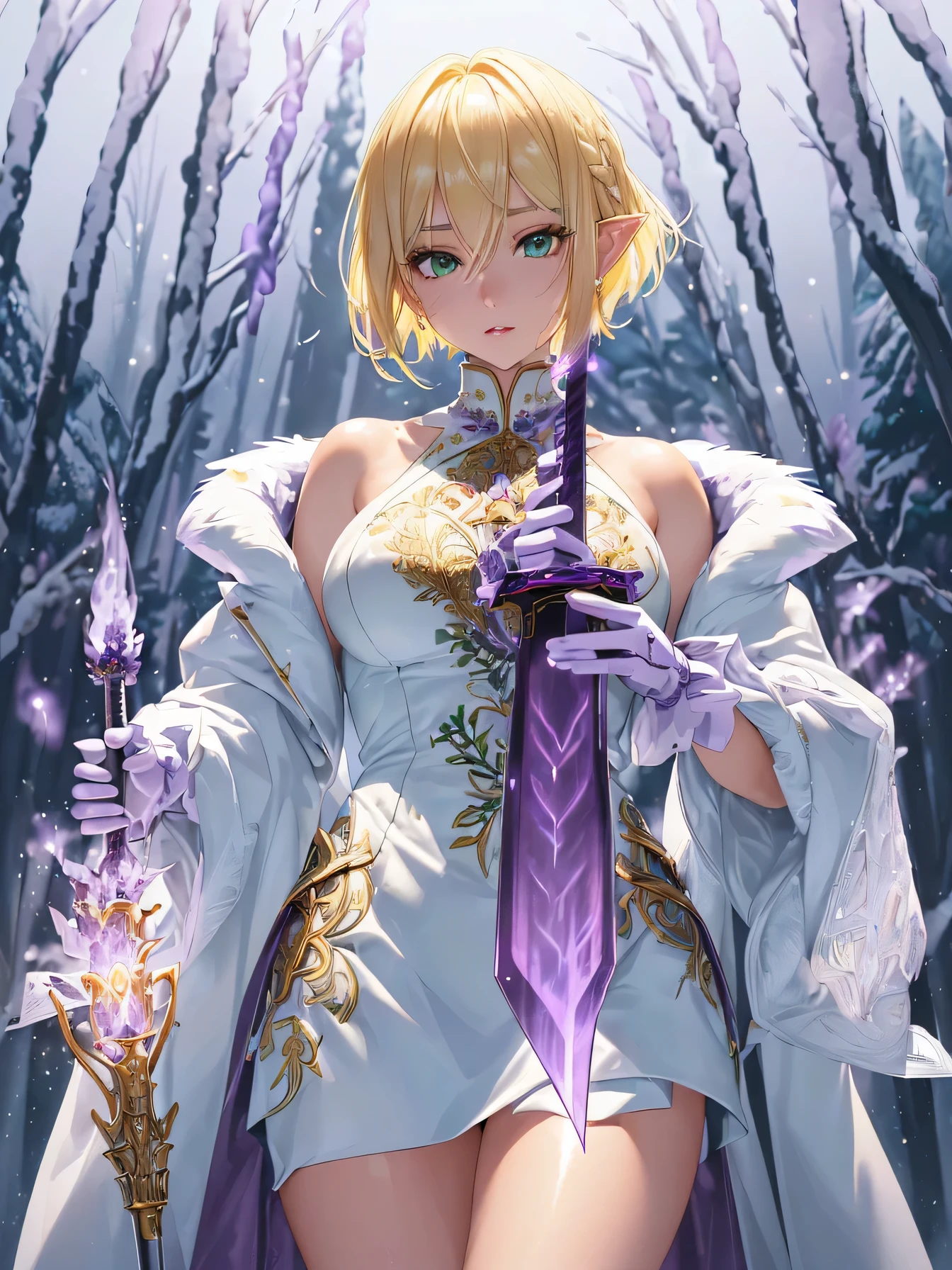 nsfw:1.1, high resolution:1.7, incredibly absurdres, kawaii:1, cute:1.5, hires.fix, incredibly fine illustration,8k,masterpiece:1.2,best quality, high quality, exquisite, beautiful, insanely detailed, intricate detailed, extremely detailed, Super Definition, ultra high res, Super Resolution, best aesthetic, ultra detailed:1.5, best quality, perfect face, detailed face, masterpiece:1.2, illustration:1.2, 8k cg wallpaper, stunning art,absurdres,octane render,ultra hires,1girl,cute elf,shinylips,waist slender,((anime elf with extremely cute and beautiful blond hair)),((((blond hair:1.35,undercut blond hair,short hair,colored inner hair,ear breathing)))),(((green_eyes:1.3))),intricate eyes,beautiful detailed eyes,symmetrical eyes,big eyes:1.5,enchanting bright eyes studded with gold and silver dust,(((pinky skin,glowing_skin,lustrous skin:1.5,bright skin: 1.5,skin tanned,shiny skin,very shiny skin,shiny body,plastic glitter skin,exaggerated shiny skin,illuminated skin))),upward breasts,(detailed body,(detailed face)),cute,daring,zettai ryouiki,show skin,best relationship with four fingers and one thumb,((girl trembling with sexual climax))
Break (((aqua fur coat, aqua fur coat outfit, wearing a ice dress:1.3,aqua winter coat))),((ice dress,elegant ice dress)),torn clothes,broken clothes,(((pussy))), kupaa,show off pussy,((spread pussy)),(embarrassed),
(white gloves,white clothes,(((intricate outfit,intricate clothes,embroidered outfit,ornate outfit,embroidered clothes,ornate clothes))),(dynamic pose:1.0),embarrassed,(centered,scale to fit dimensions,Rule of thirds),((snowy pine forest)),winter,scenery:1.25,((intricate scenery)),((snow forest background)),(Glossy winter ornaments),highres,sharp focus,(ultra detailed,extremely detailed),(photorealistic artwork:1.37),(extremely detailed CG unity 8k wallpaper),(((vibrant colors,vibrant theme))),(intricate),full body,(perfect body),standing, (purple fire:1.5), (holding purple flame sword:1.5), (holding white energy sword:1.