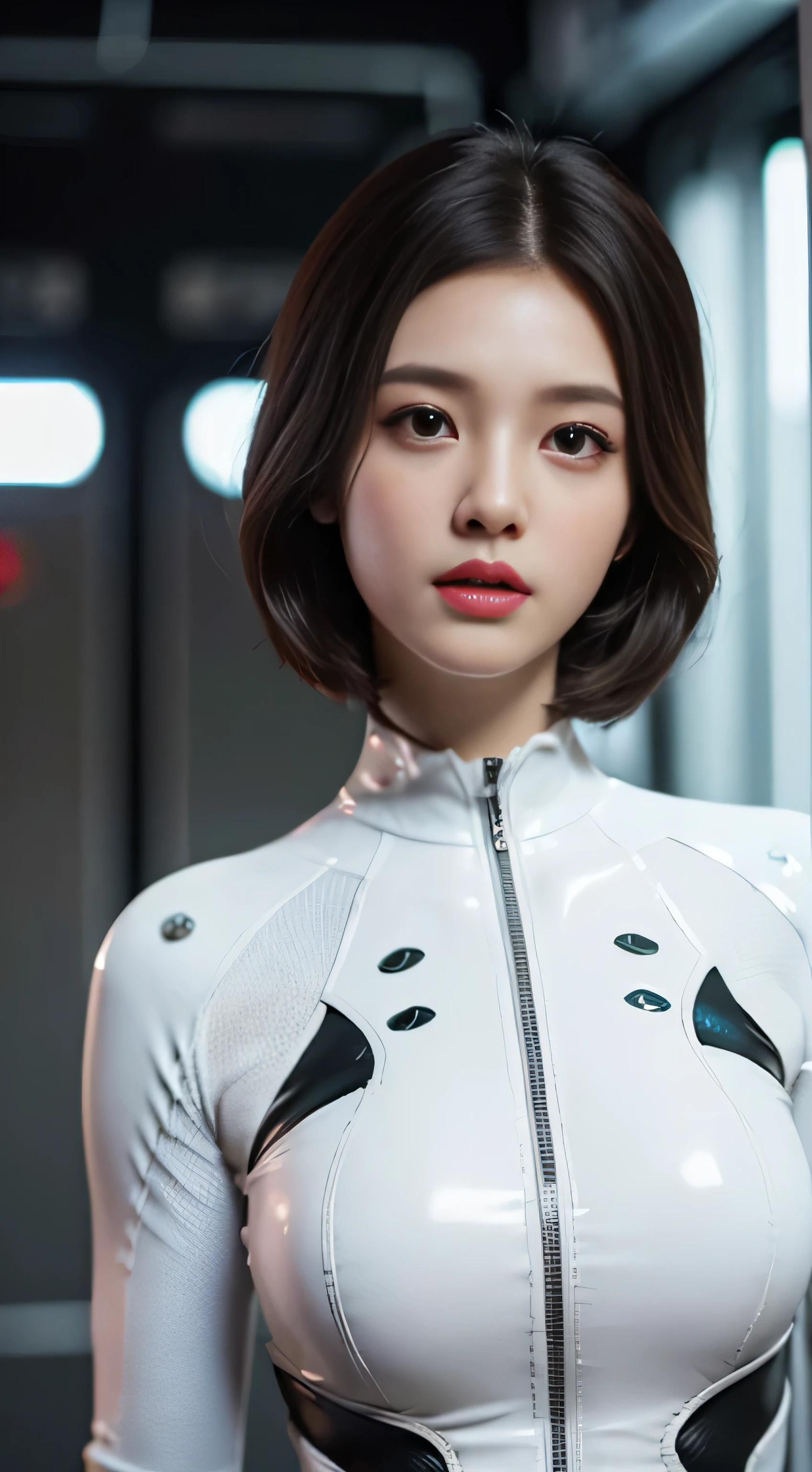 1 brunette beauty, (white) (one-piece tight latex suit), (spacesuit) ((spacehelmet))((white gloves), {{illustration}}, {extreme sophistication and beauty}, {delicate makeup}, ultra-detailed, sexy, delicate glowing eyes, {{cinematic light}}, extreme light effect, model: cinematic realism, CFG scale: 12, LoRA: bright texture (1.35), high quality, masterpiece, delicate facial features, delicate hair depiction, delicate eye portrayal, masterpiece, highest quality, ray tracing, extremely detailed CG unity 8k wallpaper, masterpiece, best quality