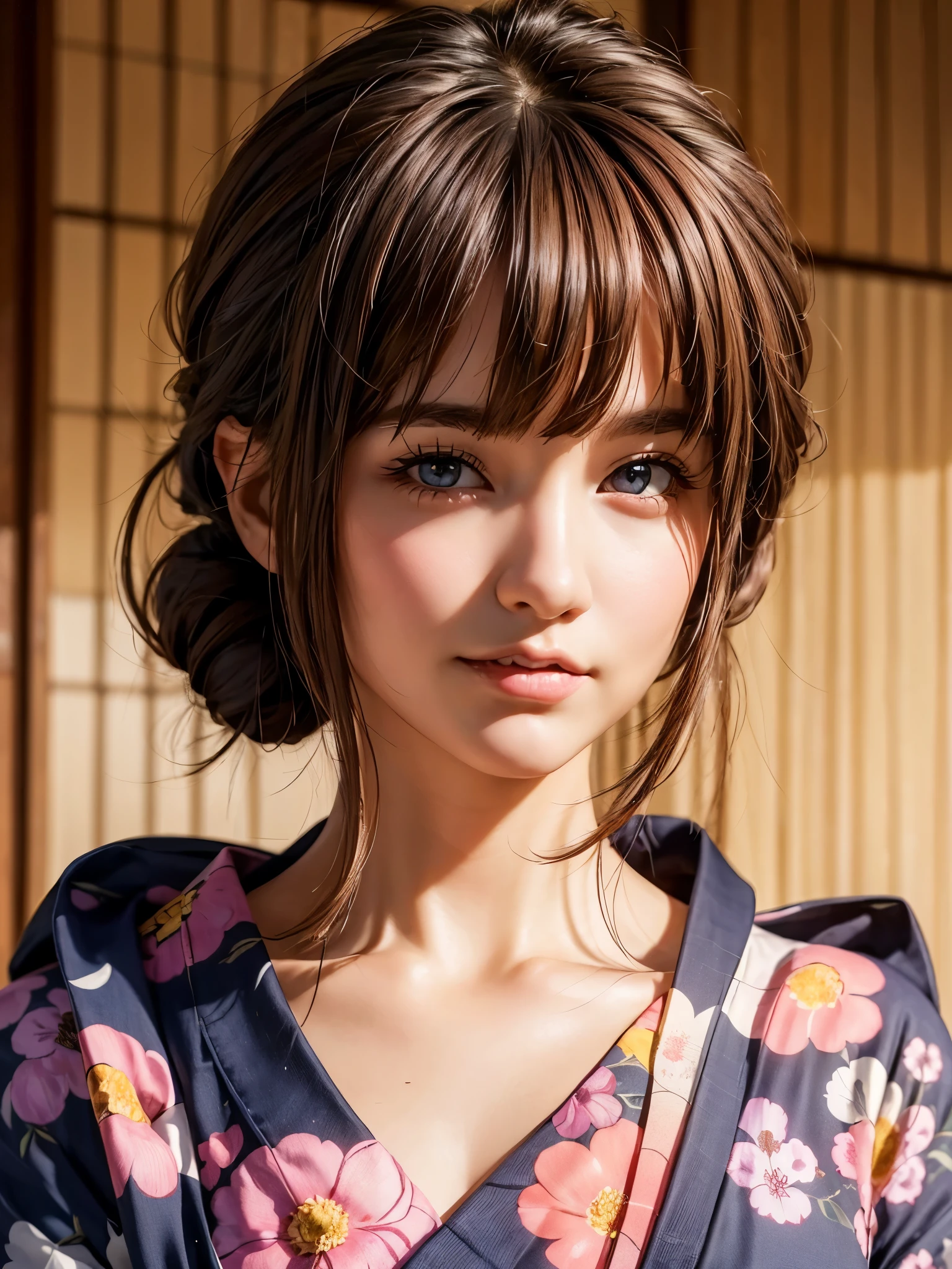 (****ung girl), very cute face, wonderful face and eyes, (highly detailed eyes, highly detailed face), Fresh, very beautiful appearance, (超realistic, High resolution), (highest quality:1.4), RAW photo, (realistic, Photoreal:1.37), professional photography, (floral pattern yukata:1.5), (Open yukata), (cleavage:1.2), (bare shoulders), smile a little, (look at me), Bedroom, girl portrait,