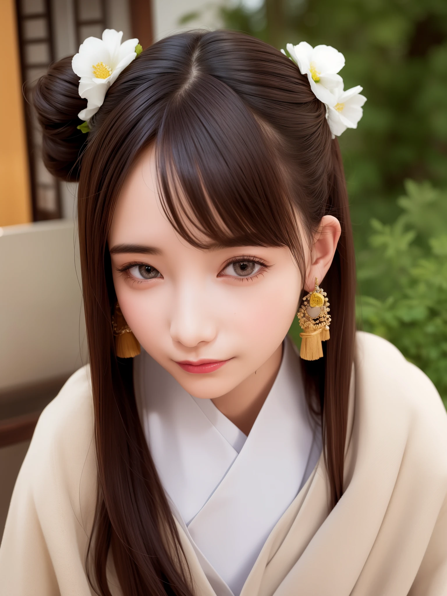 woman((30 years old)), hair(( Brown)), eye((smart eye, hazel)), Clothes((kimono, white)), hair bun, earrings, huge boobs, bouquet, white gloves, Japanese-style house, lanthanum, smile, cleavage, open your mouth,