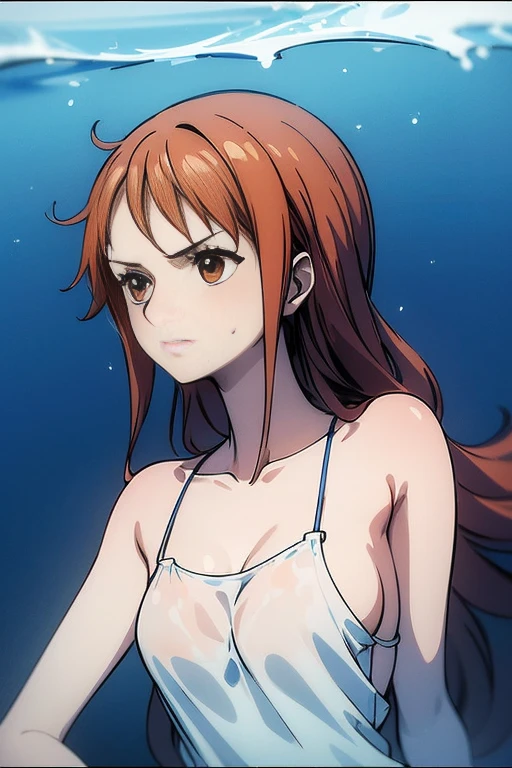 (masterpiece, best quality), ((1girl, solo, long hair)), Ishmael_limbus, innocence expression, bare arms, bare shoulders, bare neck, watercolor, sundress, liquid clothes, water, waves, water dress, blue_theme, night, mist, dark, sharp focus, sea, see-through dress, orange hair
