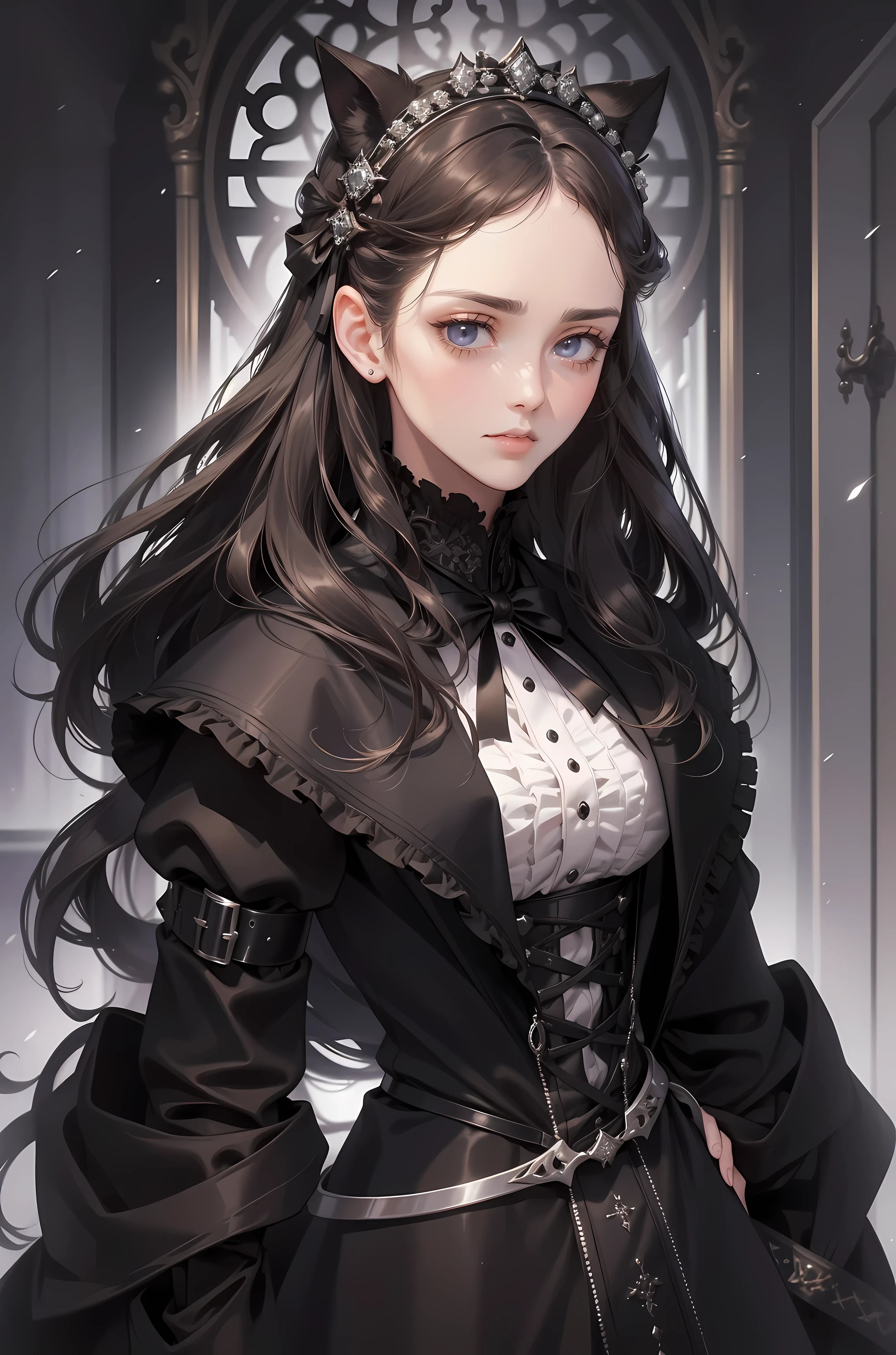 (absurd, high resolution, super detailed), 1 girl, black eyes, brown hair, Scholarly temperament, All black formal wear, victorian era clothing, black cloak, (Cold beauty: 1.2), Cat-like temperament, aldult, Handsome, Skinny men, broad shoulders, Delicate eyes and delicate face, mystery, universal, Visual projection, Philosophy