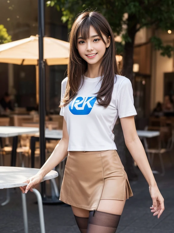 8K, masutepiece, Raw photo, Best Quality, Photorealistic, Highly detailed CG Unity 8k wallpaper, depth of fields, Cinematic Light, Lens Flare, Ray tracing, (Extremely beautiful face, Beautiful lips, Beautiful eyes), intricate detail face, ((Ultra detailed skin)) 1girl in, In the Dark, deepshadow, cute asian girl, 1 girl, (Very slim and slender fit muscular body:1.3), ((Looking at Viewer)),(Big smile:1.3), (Short skirt ), (Mini skirt ), pantyhose, Clear eyes, Walking , Front shot, (pale skin), (big eye ace forward, ((Big shirt)), (Brown hairs), (Looking at Viewer:1.3) Very slim, medium breasts, (Camel toe),laced stockings, Sunny, landscape, cheerleading clothes