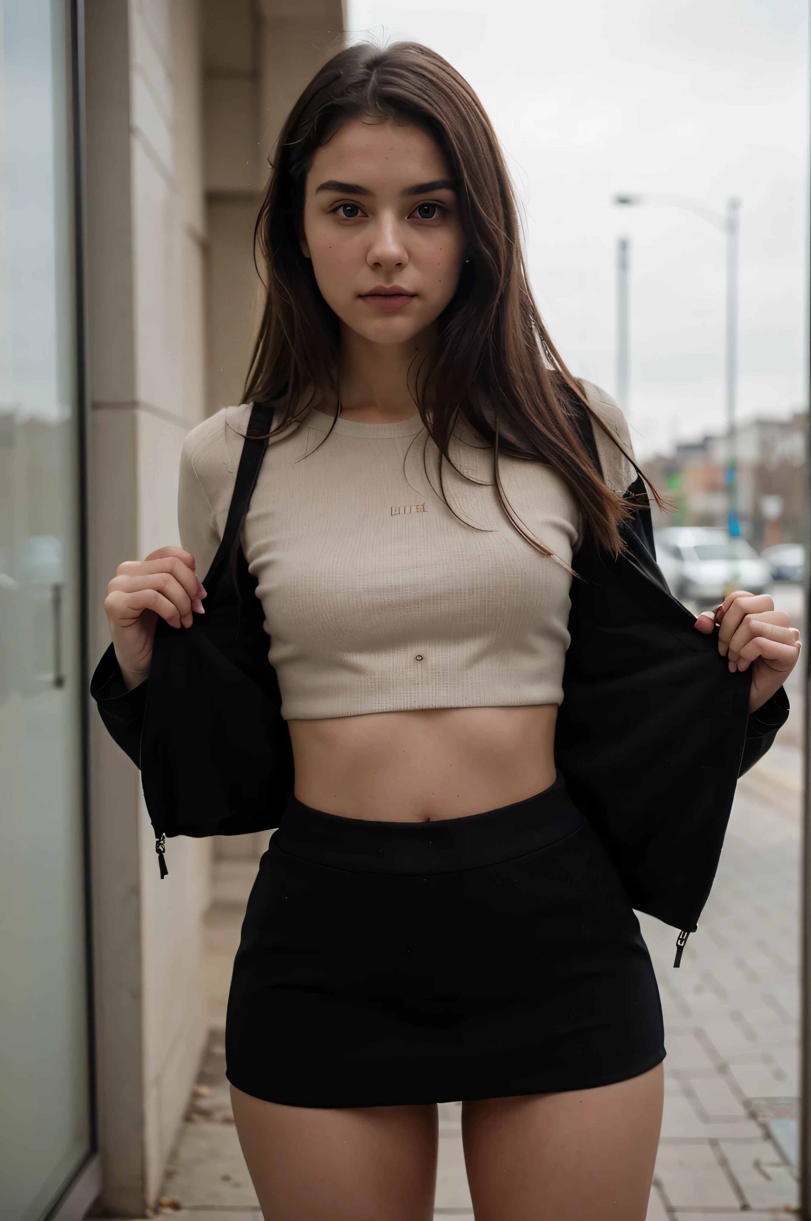 photography of a 20yo woman, perfect face, masterpiece, black_pullover, jacket, black_skirt, close, same face, fully clothed, no brand, seductive, ferrania p30 film
