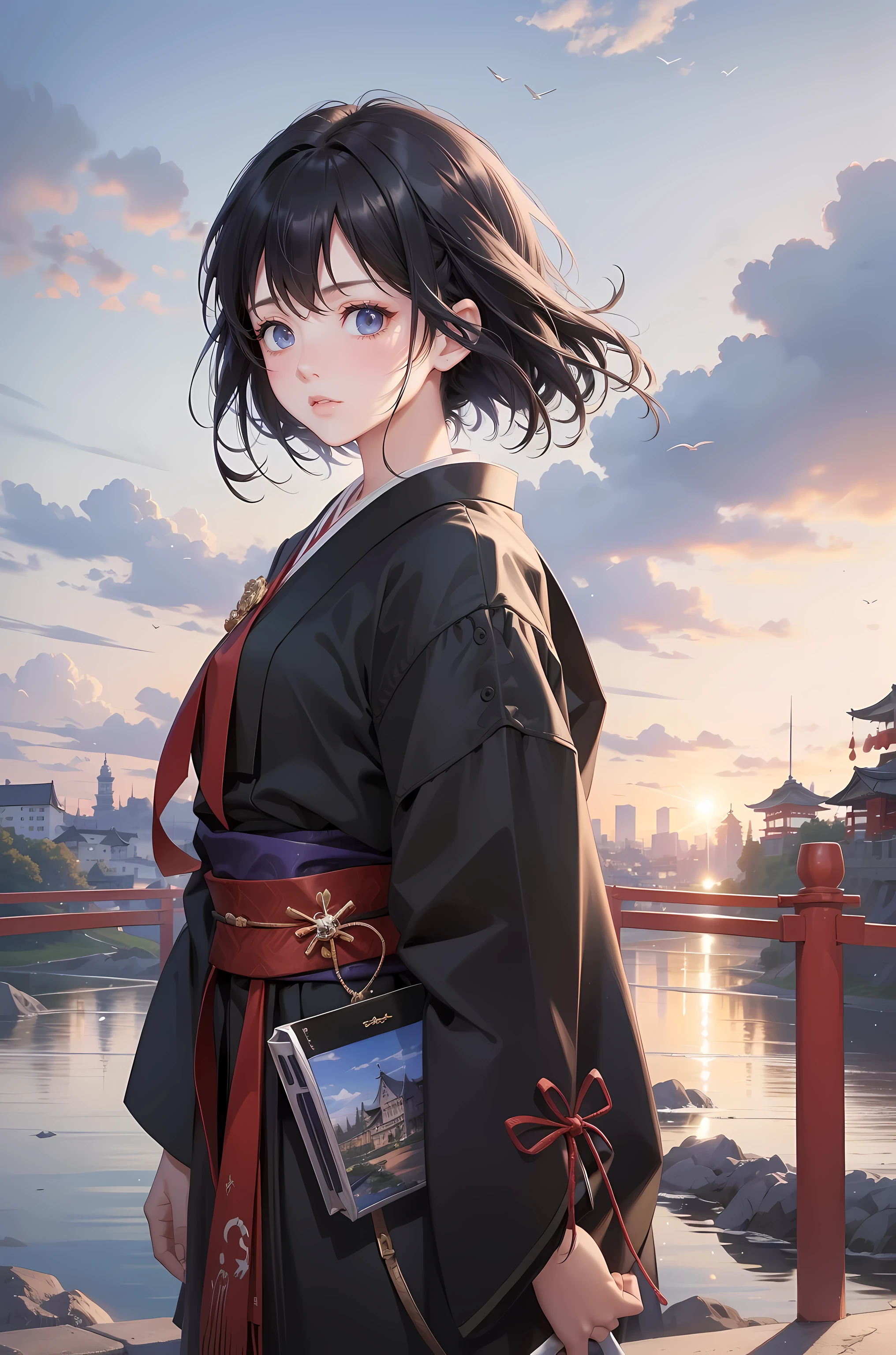 1 girl,Bangs,Black_hair,blue_Sky空,bridge,architecture,castle,City,Cityscape,cloud,Sky,skirt,watch_exist_audience,outdoor,Red_tie,Red_ribbon,ribbon,river,short_hair,short_sleeve,Sky空,Sky空scraper,alone,Everlasting,town,wexister,(masterpiece,japanese manga,newest,new,abnormal:1.2),