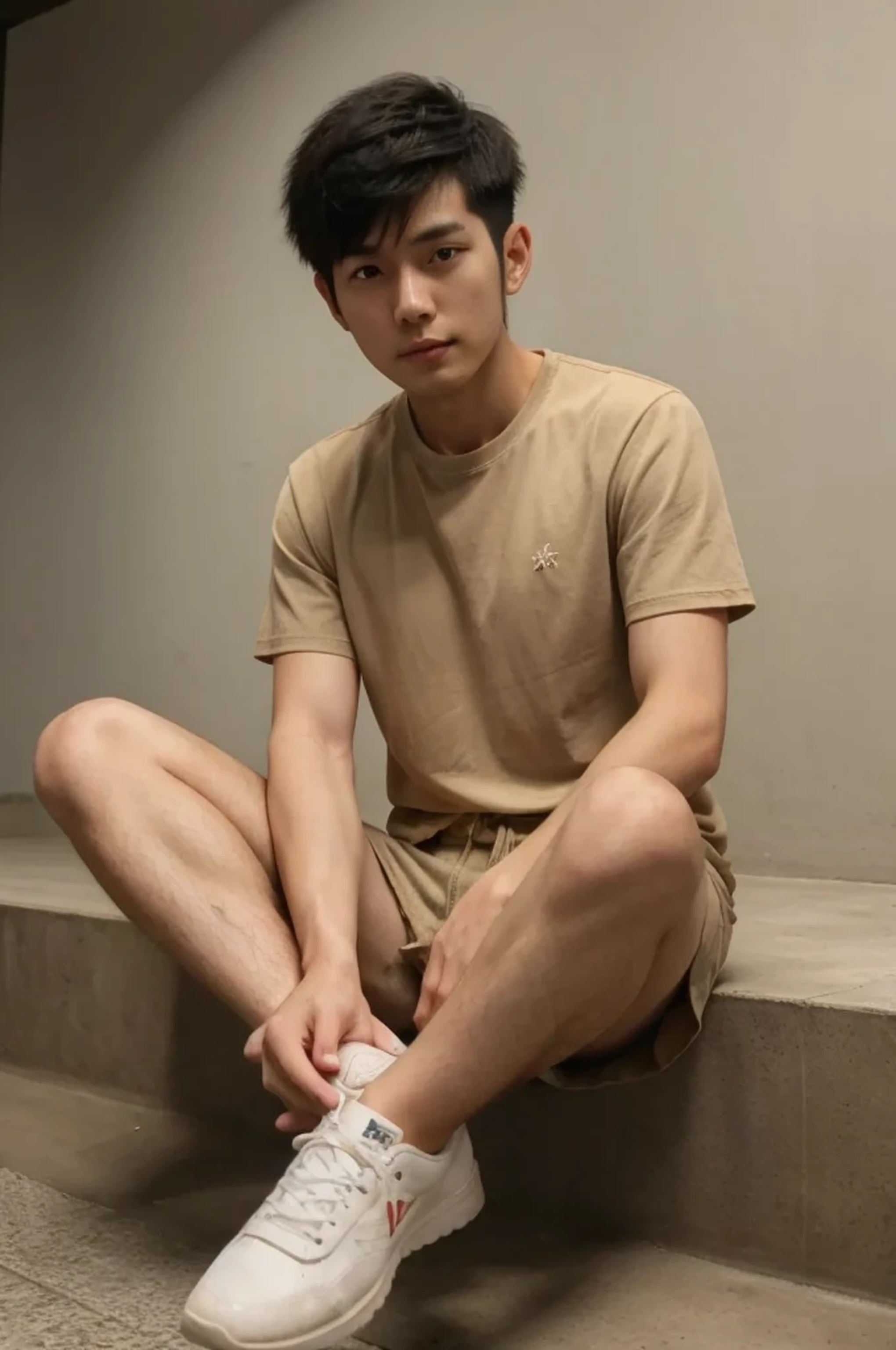 ((hairy legs)), (super sharp focus), (whole body), toned legs, two block, messy shortt hair, long legs, Japan Male, 27 years old, wearing beige shorts, wearing a t-shirt, very short hair, black hair, sitting, (from below)