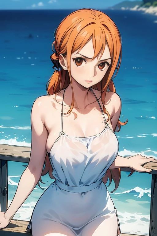 (masterpiece, best quality), ((1girl, solo, long hair)), Ishmael_limbus, innocence expression, bare arms, bare shoulders, bare neck, watercolor, sundress, liquid clothes, water, waves, water dress, blue_theme, night, mist, dark, sharp focus, sea, see-through dress, orange hair, (nswf:1.5)