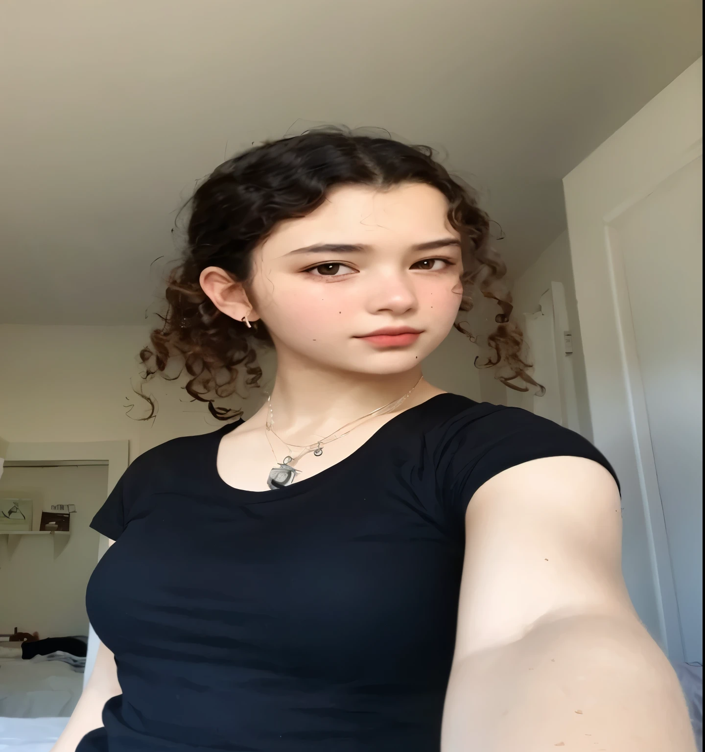 arafed woman taking a selfie in a bedroom with a bed, no makeup wavy hair, portrait sophie mudd, curly and short top hair, 18 years old, with long curly hair, 1 6 years old, (dark shorter curly hair), 1 7 - year - old goth girl, curly dark hair, 19-year-old girl, halfbody headshot