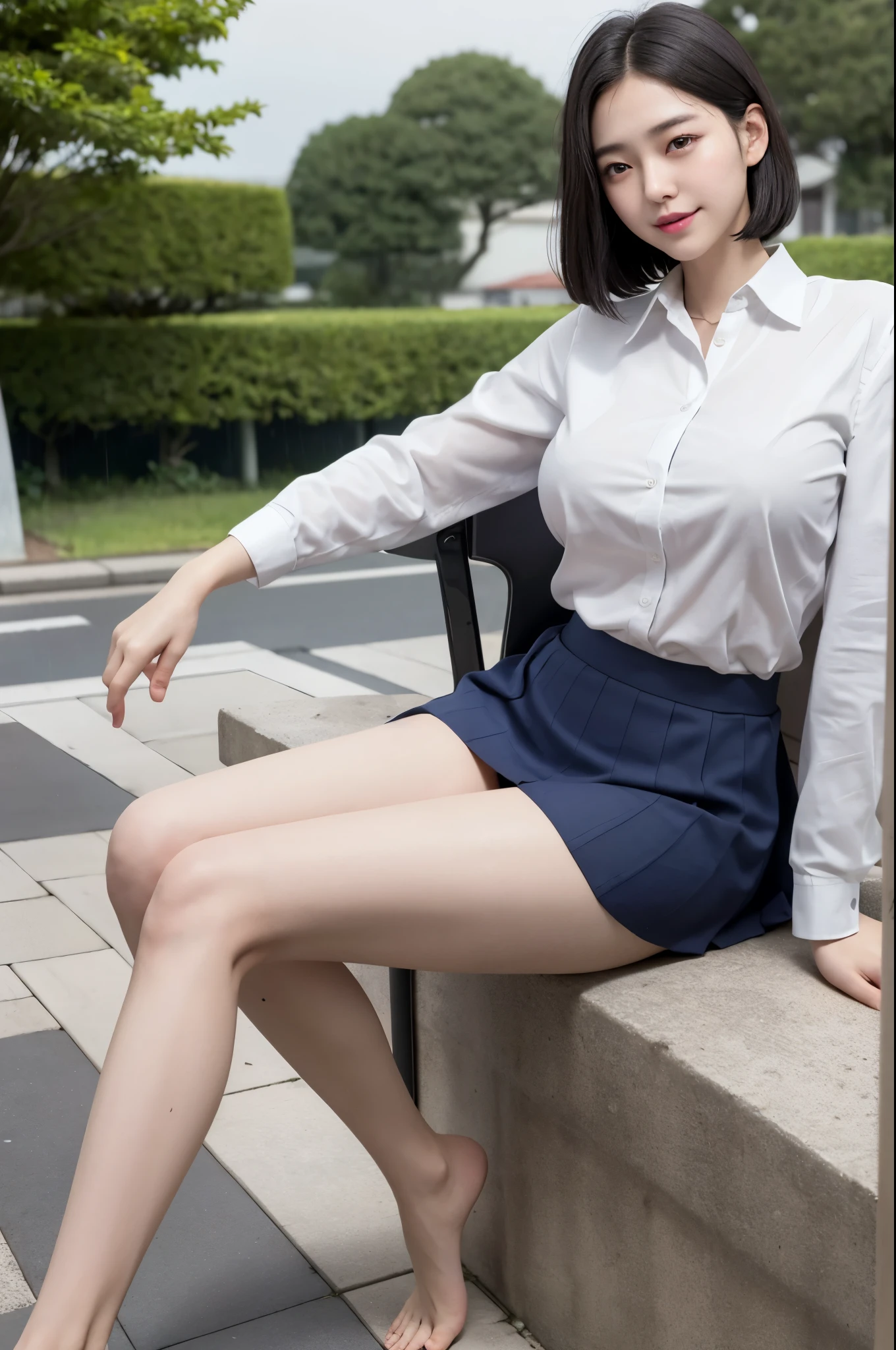 (8K), (highest quality: 1.2), (realistic), (realistic: 1.37), ultra high resolution, (1 girl),(whole body:1.3), cute, smile, closed mouth, thick lips,red lip,beautiful details, beautiful nose, (straight black hair), Giant Dulcefo,(school uniform),(Oversized light blue shirt:1.2),(Large navy blue knit vest:1.2),(Grey pleated super ultra micro mini skirt:1.2),in the city at night, (sit:1.2),Carrying a bag,(from below:1.2),(long legs:1.2),(Thigh close up 1.2),(knees),(leather shoes:1.1)(wet and shiny skin),
