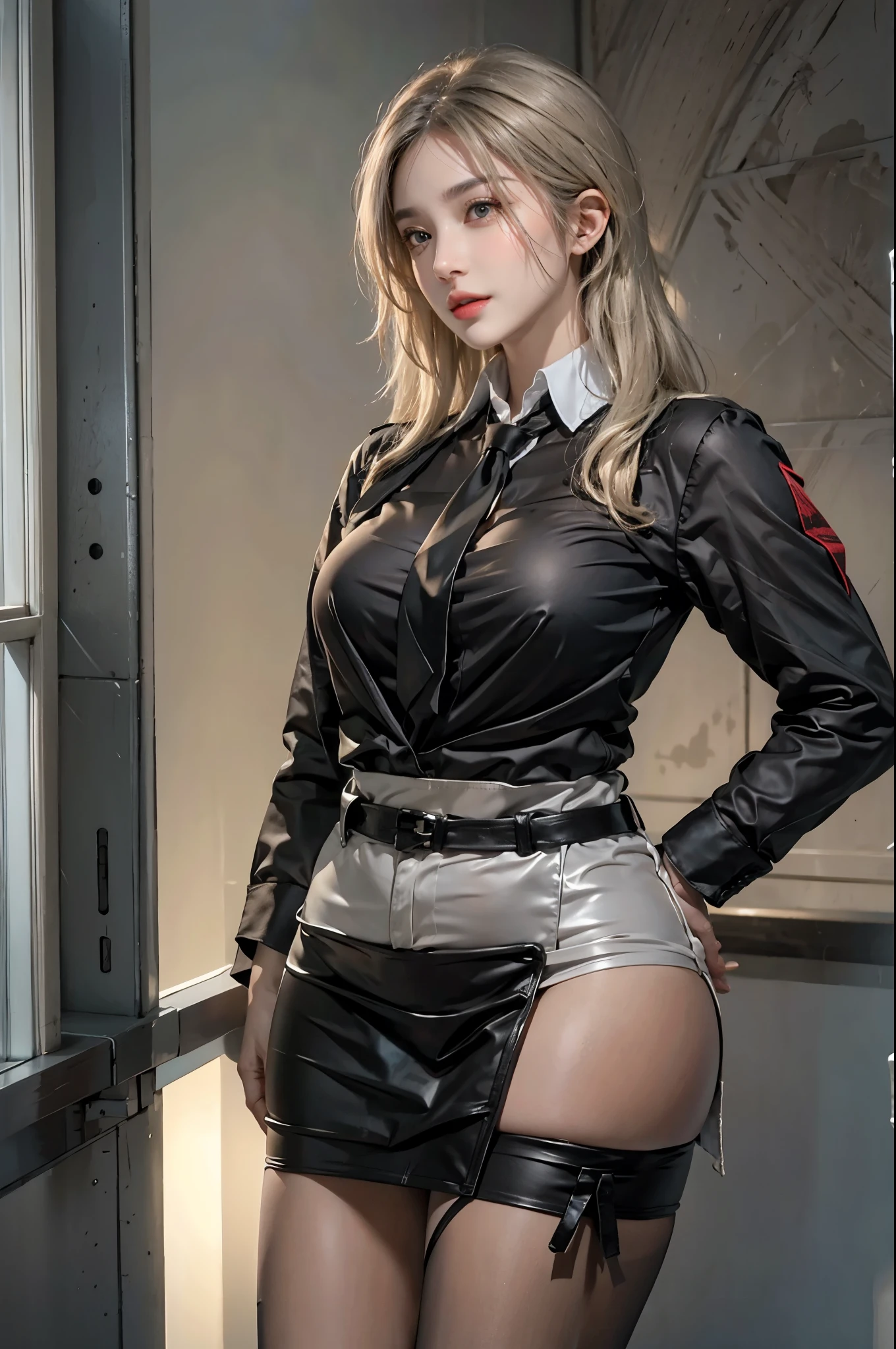 realistic, High resolution, soft light,1 female, alone, hip up, glowing skin, (detailed face),tattoo, jewelry, Secretarial Uniform, white shirt, black skirt, black stockings, garter belt, night, blonde hair, wavy hair, Beautiful Soldier, Eyes that invite the viewer, lover's perspective, an inviting look, sexy smile, perfect style, perfect balance, fine skin, naughty look, I can see your chest