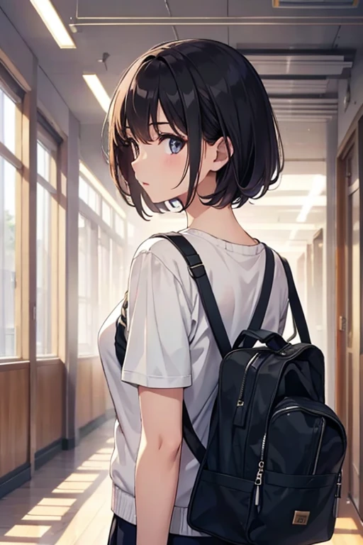 university student、campus、corridor、beautiful mature woman、Upper body、backwards
