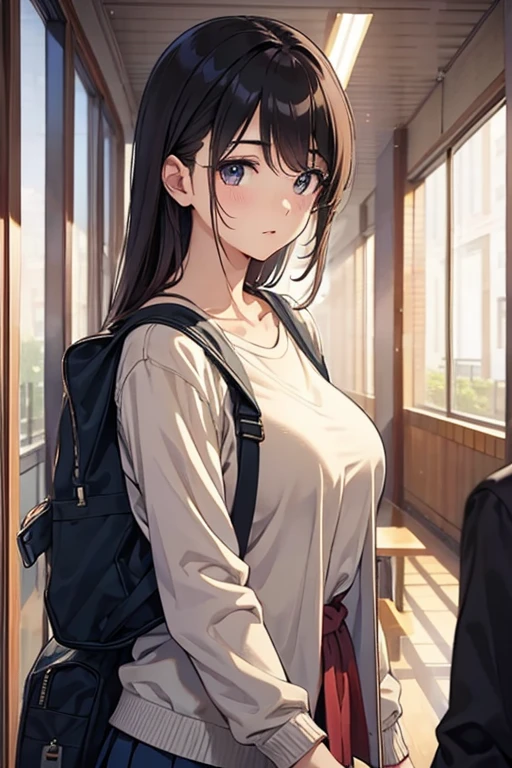 university student、campus、corridor、beautiful mature woman、Upper body、backwards