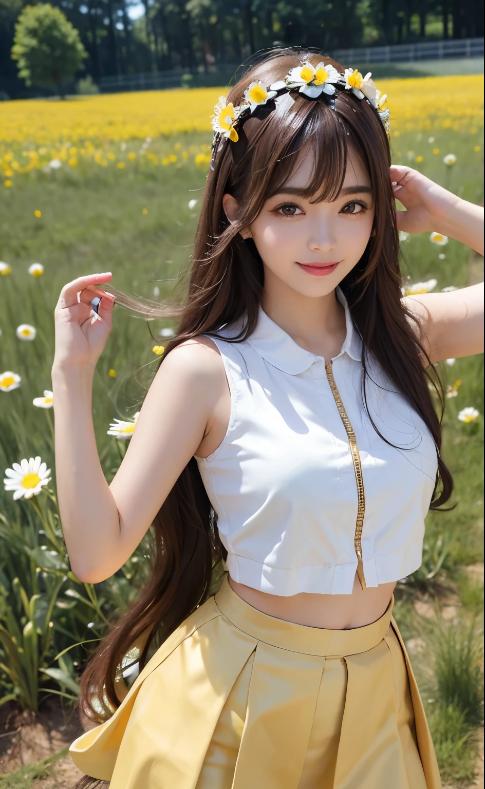 1girl, cute, smiling, sun skirt, lights, upper body,close-up, 8k, RAW photo, best quality, masterpiece,realistic, photo-realistic,headgear of daisy flower, parted bangs, long hair,