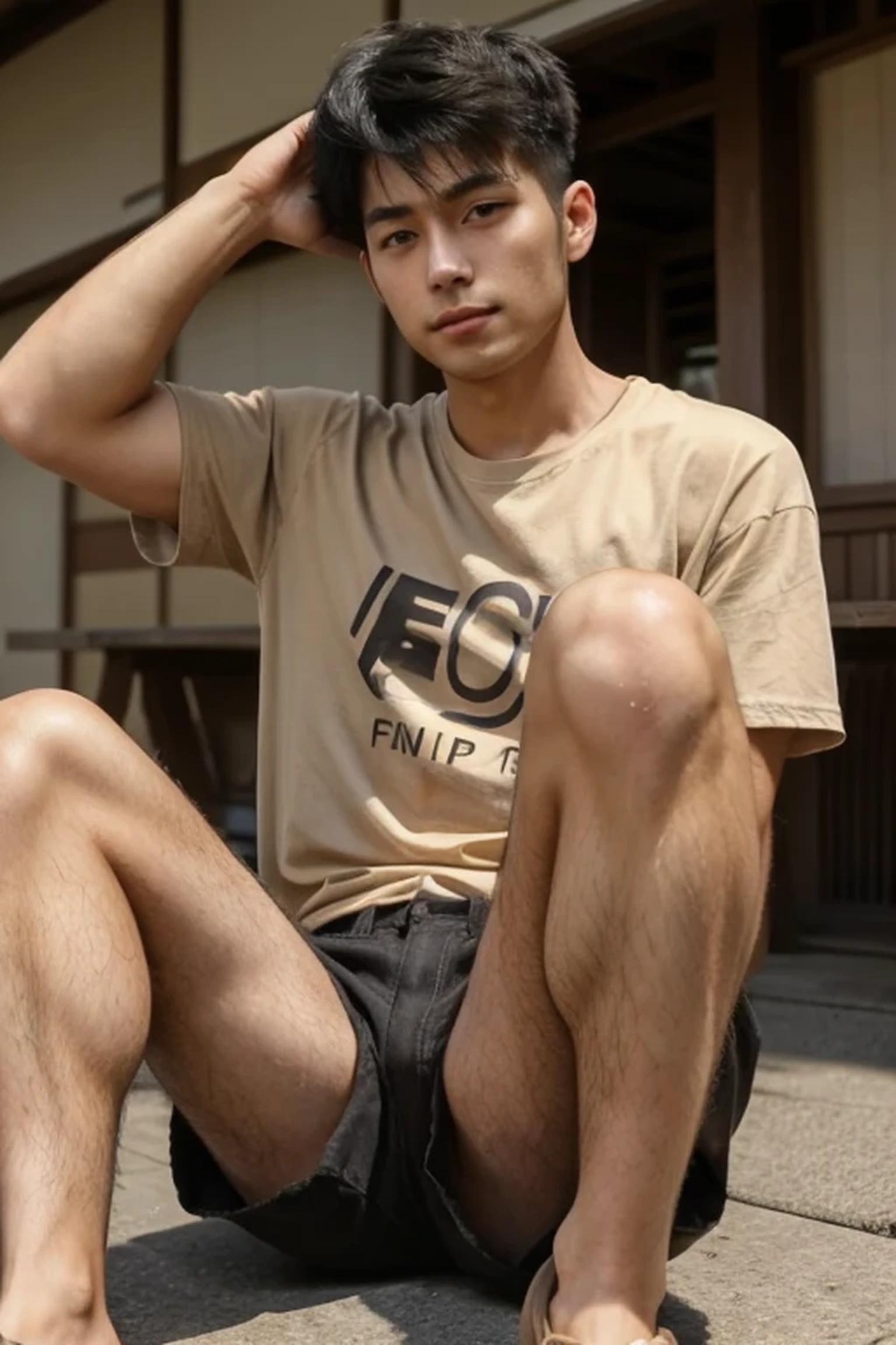 (hairy legs), (super sharp focus), (whole body), toned legs, two block, messy shortt hair, long legs, Japan Male, 27 years old, wearing beige shorts, wearing a t-shirt, very short hair, black hair