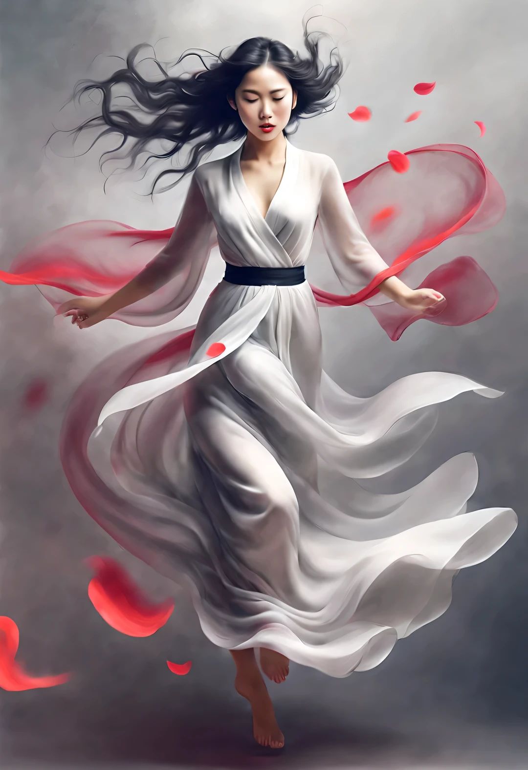 （Red art poster design），（whole body），（Amazing beautiful Chinese dancer dancing），（Put on a gauze skirt），（Fair and flawless skin），The bridge of the nose is high and straight，（Very long, long, long, Messy shawl hair：1.1），Close eyes and indulge in intoxication，（Only lipstick that looks like rose petals：1.0），White teeth，sad yet beautiful，slim waist，Exquisite facial features，（barefoot）， Swirling mist，Noble temperament，black and white，Chinese ink painting，black and white illustration，Surrealism，Vague，imagine，