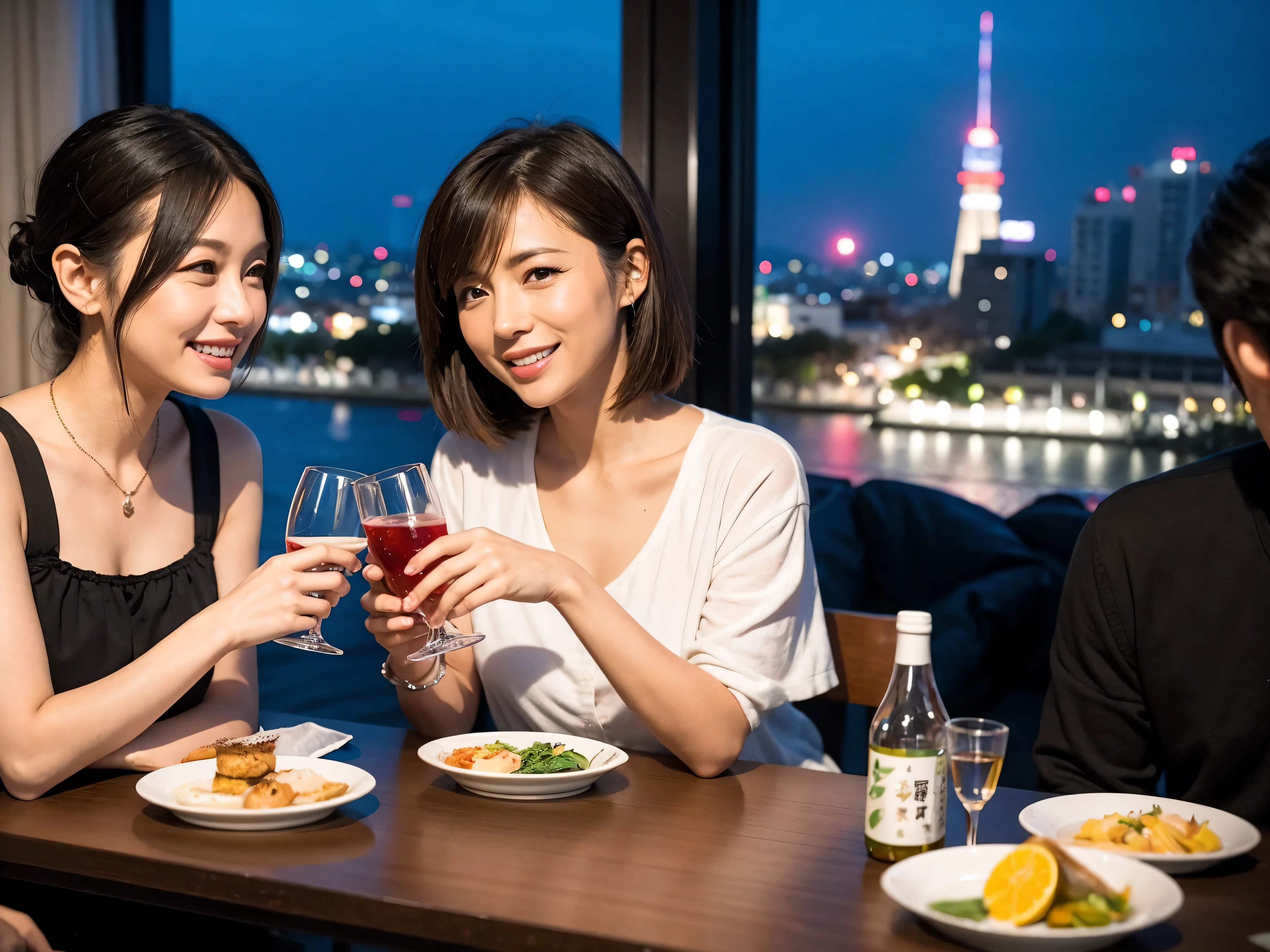 Detailed images that look like they were taken with a high-end camera、party、couple、banquet、Japanese sake、Shochu、hot sake、Japanese sakeファン、I love Japanese sake、because I&#39;thin、Women who drink alcohol、36 years old、38 years old、Colombia、Brazilian、Japanese、Dutch、German、Portuguese、Belgian、chiri、American、french、Spaniard、Italian、Indian、Englishman、Cut your hair short、brown hair、beautiful woman with glasses and cup、Japanese sakeグラスとワイングラスには清酒が入っています.、720m of Japanese sake、1.You can also see the 8L sake bottle...、There is also Choshi、adult woman in her 30s、Have a nice smile while enjoying a drink.、The location is a hotel restaurant..、You can see the beautiful night view of the city outside the window..、The floor is the 1st floor、In the background you can see a man and a woman enjoying alcohol...。