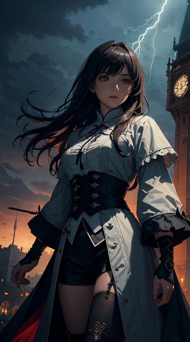 realistic Lithography sketch portrait of a woman, flowers, multi-colored ribbons, old paper texture, highly detailed, dream-state、fanciful, tmasterpiece,Layered hair,White fur overcoat,超高分辨率,high high quality, Export details, The sky is dark and stormy, with lightning and thunder. The background is blurred, but a large, well-lit clock tower can be seen in the distance. The clock tower is also detailed, with well-sculpted gears and hands. The lighting is perfect, creating a dramatic contrast between the dark and the stormy sky. The image is an artistic photograph in 8K, rendered with Octane. It's perfectly composed and framed, with a divine proportion. The focus is sharp, Highlighting the intricate details of the girl