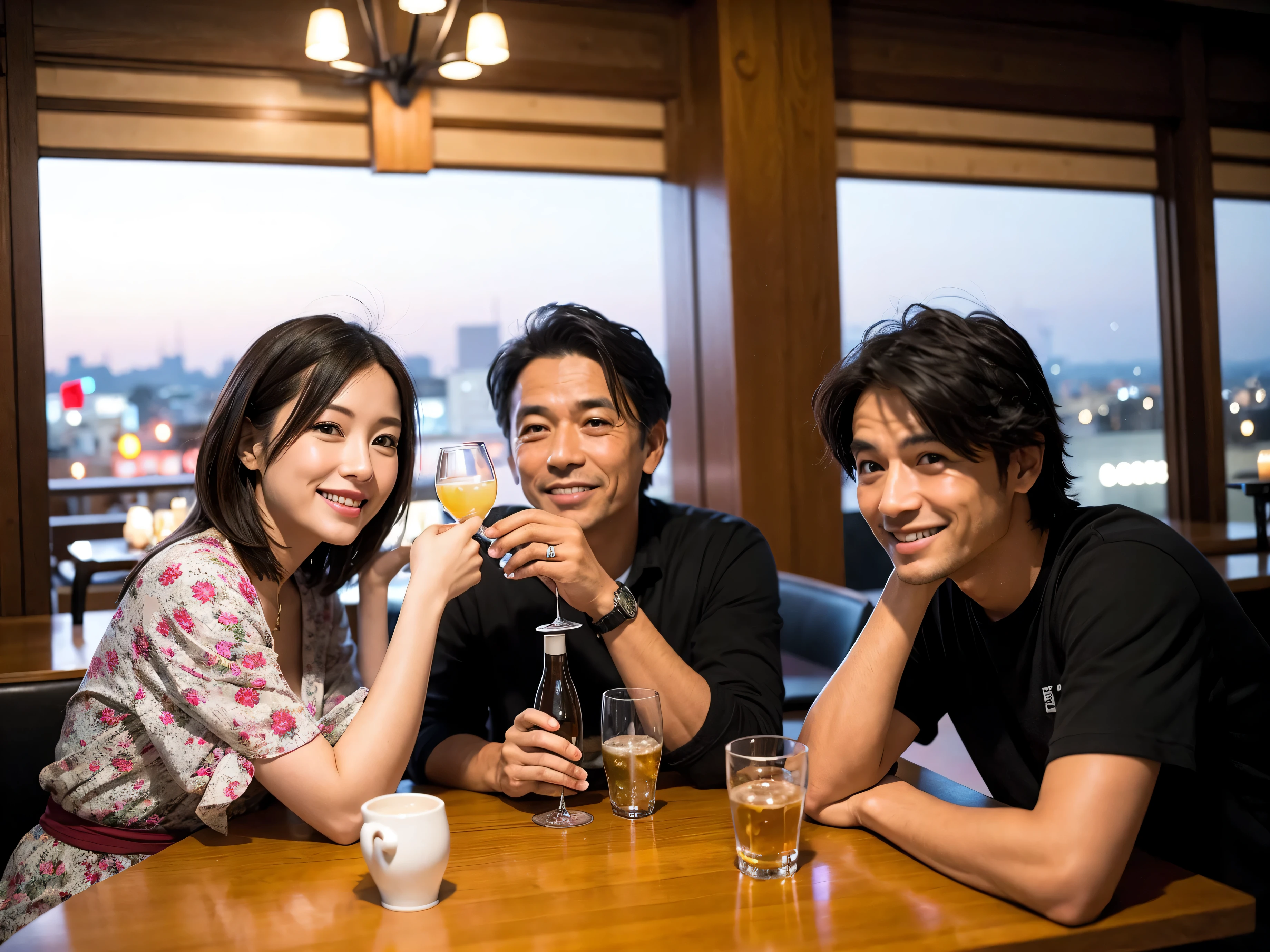 Detailed images that look like they were taken with a high-end camera、party、couple、banquet、Japanese sake、Shochu、hot sake、Japanese sakeファン、I love Japanese sake、because I'thin、Women who drink alcohol、36 years old、38 years old、Colombia、Brazilian、Japanese、Dutch、German、Portuguese、Belgian、chiri、American、french、Spaniard、Italian、Indian、Englishman、Cut your hair short、brown hair、beautiful woman with glasses and cup、Japanese sakeグラスとワイングラスには清酒が入っています.、720m of Japanese sake、1.You can also see the 8L sake bottle...、There is also Choshi、adult woman in her 30s、Have a nice smile while enjoying a drink.、The location is a hotel restaurant..、You can see the beautiful night view of the city outside the window..、The floor is the 1st floor、In the background you can see a man and a woman enjoying alcohol...。
