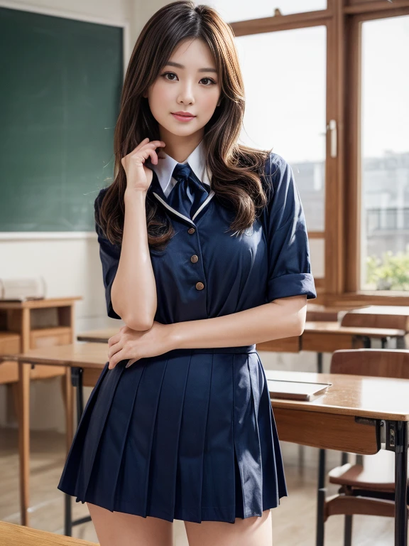 ((highest quality))、((masterpiece))、((realistic))、Stunning illustration of girl in uniform posing confidently in modern classroom。How to achieve the best quality、The artwork is very detailed and high resolution(8K)Must be created with。It should be realistic and realistic in style with soft natural lighting。color grading、Must be done professionally to increase the captivating presence of the subject。The work shows the charm and beauty of women、Should exude confidence。It should be at eye level and、、It must be scenic、masterpieceのはずです 35歳 女性、