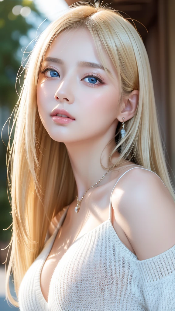 high quality、最high quality、photorealistic、Raw photo、real、超real8K CG、Super detailed、High resolution、masterpiece、1 girl、super long hair、bright blonde hair、Light blue big eyes、detailed face and eyes、Close-up、intricate details、detailed texture、details、details、cheek gloss highlight
((最high quality、8k、masterpiece、sharp focus、35mm lens、f / 0.8、Amazingly beautiful and perfect figure:1.4))、side light、((Natural Medium Breasted))、(white shoulder knit sweater:1.2)、(street background:1.2)、necklace、Highly detailed face and skin texture:1.2、詳細なLight blue big eyes:1.2、Super detailedな肌、shiny white skin:1.2、blush、Beautiful detailed makeup:1.2、High-fidelity bangs、Bright light blonde long random hairstyle、 from below、view viewer