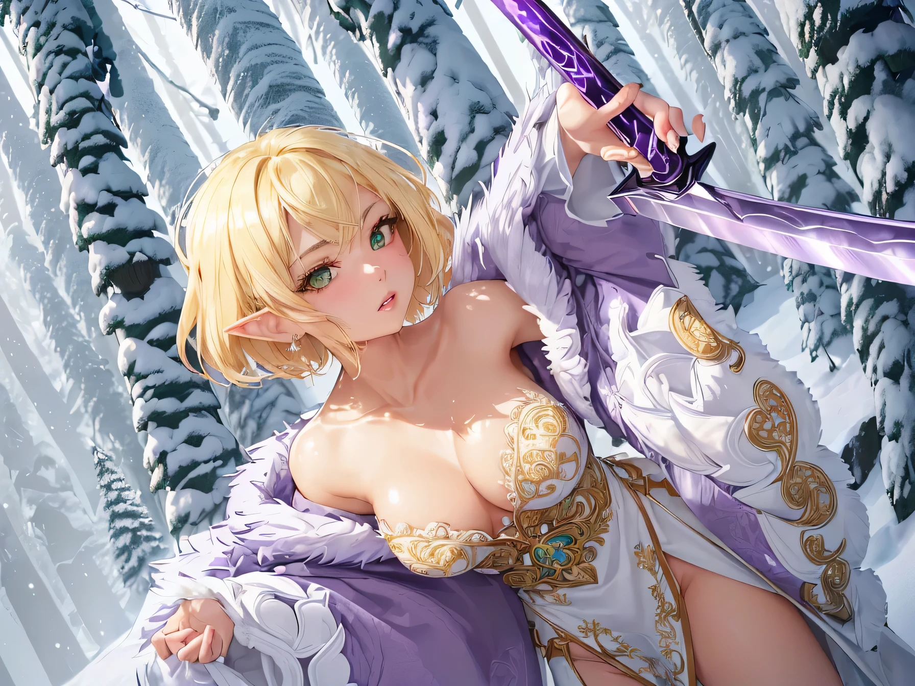 nsfw:1.1, high resolution:1.7, incredibly absurdres, kawaii:1, cute:1.5, hires.fix, incredibly fine illustration,8k,masterpiece:1.2,best quality, high quality, exquisite, beautiful, insanely detailed, intricate detailed, extremely detailed, Super Definition, ultra high res, Super Resolution, best aesthetic, ultra detailed:1.5, best quality, perfect face, detailed face, masterpiece:1.2, illustration:1.2, 8k cg wallpaper, stunning art,absurdres,octane render,ultra hires,1girl,cute elf,shinylips,waist slender,((anime elf with extremely cute and beautiful blond hair)),((((blond hair:1.35,undercut blond hair,short hair,colored inner hair,ear breathing)))),(((green_eyes:1.3))),intricate eyes,beautiful detailed eyes,symmetrical eyes,big eyes:1.5,enchanting bright eyes studded with gold and silver dust,(((pinky skin,glowing_skin,lustrous skin:1.5,bright skin: 1.5,skin tanned,shiny skin,very shiny skin,shiny body,plastic glitter skin,exaggerated shiny skin,illuminated skin))),upward breasts,(detailed body,(detailed face)),cute,daring,zettai ryouiki,show skin,best relationship with four fingers and one thumb,((girl trembling with sexual climax))
Break (((aqua fur coat, aqua fur coat outfit, wearing a ice dress:1.3,aqua winter coat))),((ice dress,elegant ice dress)),torn clothes,broken clothes,(((pussy))), kupaa,show off pussy,((spread pussy)),(embarrassed),
(white gloves,white clothes,(((intricate outfit,intricate clothes,embroidered outfit,ornate outfit,embroidered clothes,ornate clothes))),(dynamic pose:1.0),embarrassed,(centered,scale to fit dimensions,Rule of thirds),((snowy pine forest)),winter,scenery:1.25,((intricate scenery)),((snow forest background)),(Glossy winter ornaments),highres,sharp focus,(ultra detailed,extremely detailed),(photorealistic artwork:1.37),(extremely detailed CG unity 8k wallpaper),(((vibrant colors,vibrant theme))),(intricate),full body,(perfect body),standing, (purple fire:1.5), (holding purple flame sword:1.5), (holding white energy sword:1.