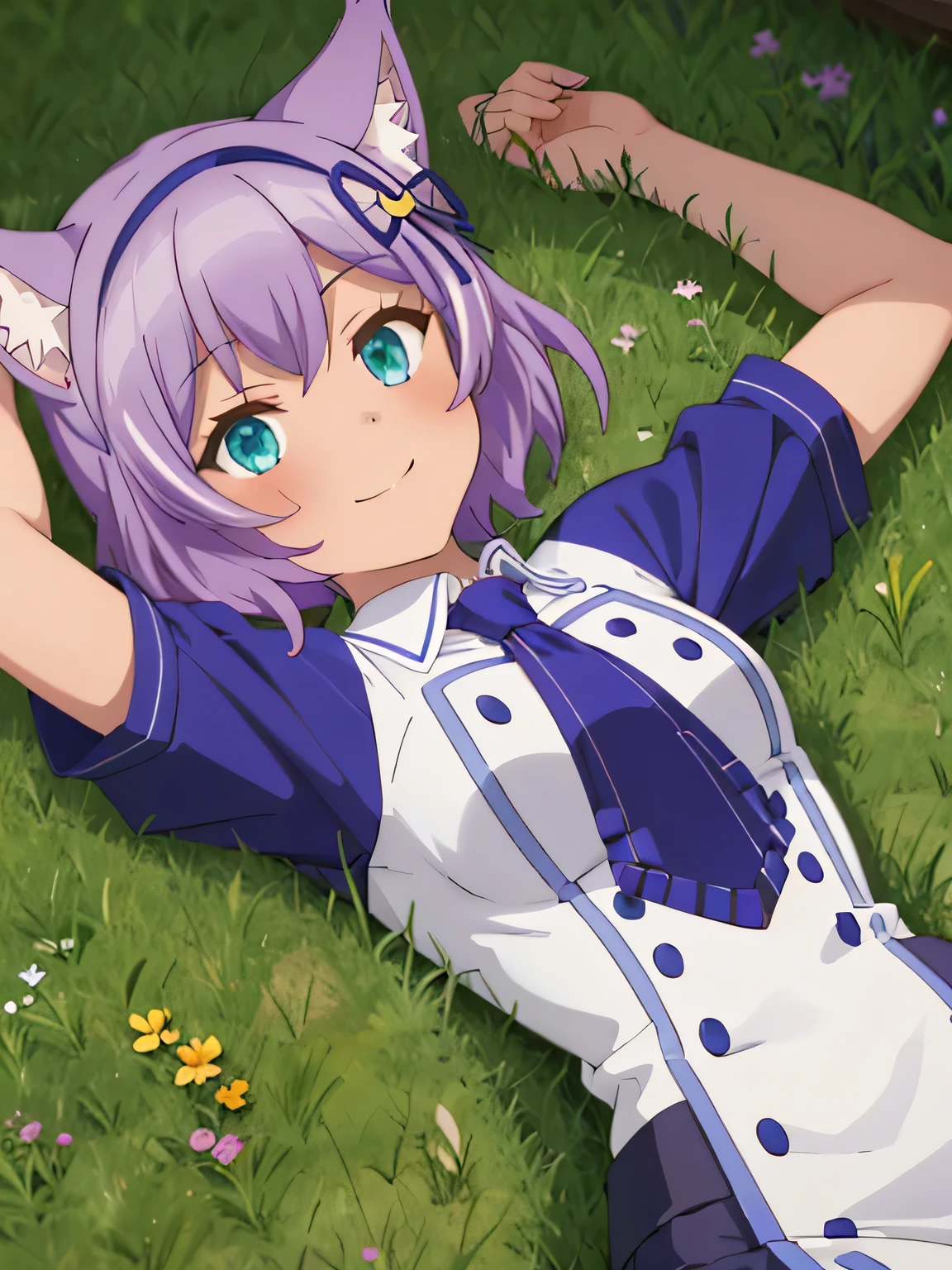 (((pixel-perfect, detail-perfect))), solo, 1girl,  ruhuyu, short sleeves, necktie, looking at viewer, closed mouth, spread arms, arms up, on back, on grass, looking at viewer, solo, center, smile,