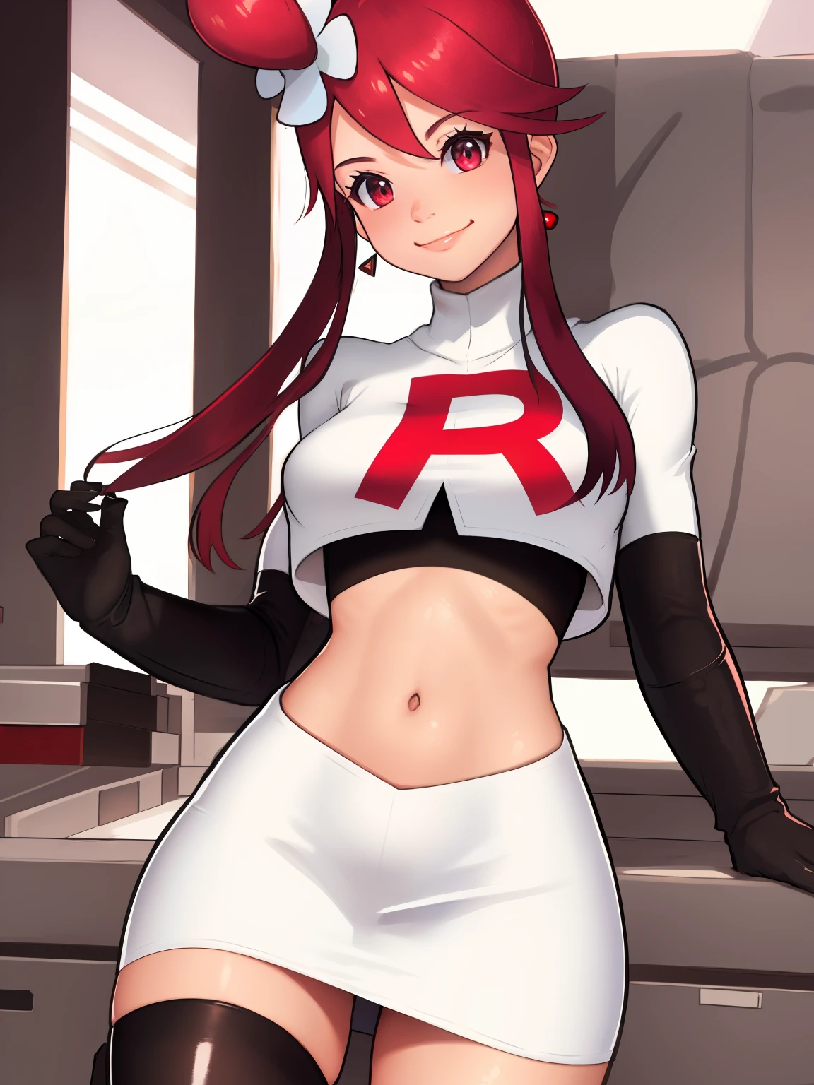 
skyla,glossy lips, earings ,team rocket uniform, red letter R, white skirt,white crop top,black thigh-high boots, black elbow gloves, closed mouth, evil smile,  