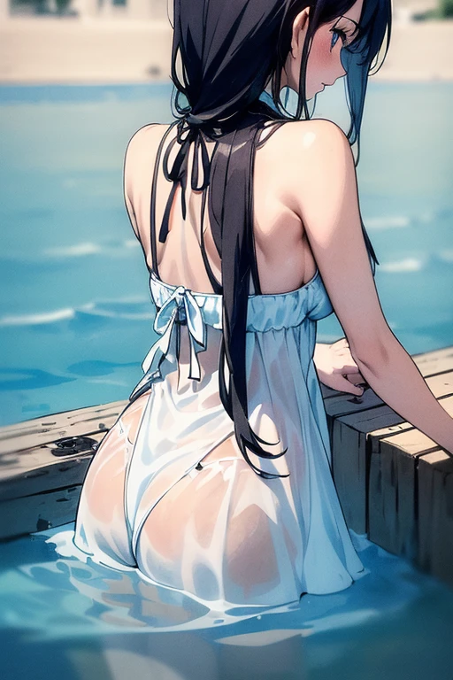 (masterpiece, best quality), ((1girl, solo, long hair)), Ishmael_limbus, innocence expression, bare arms, bare shoulders, bare neck, watercolor, sundress, liquid clothes, water, waves, water dress, blue_theme, night, mist, dark, sharp focus, sea, see-through dress, orange hair, (nswf:1.5)