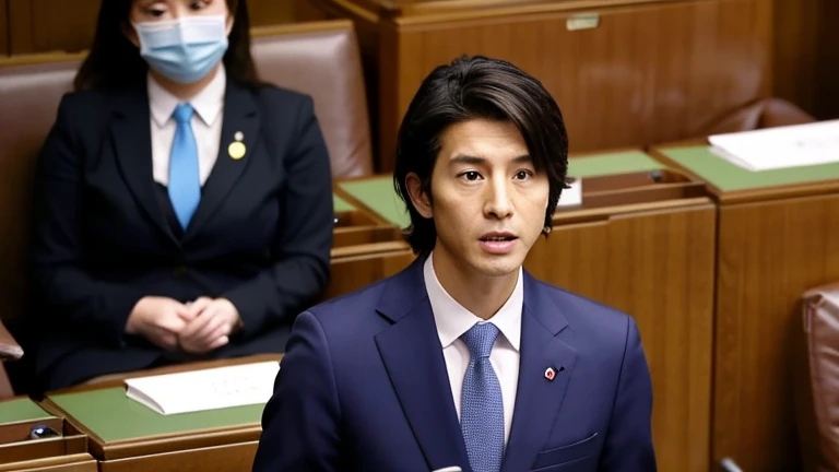 news photos, Scene at the Diet, politician, suit figure, Japanese, young, male, speaking in parliament, serious expression