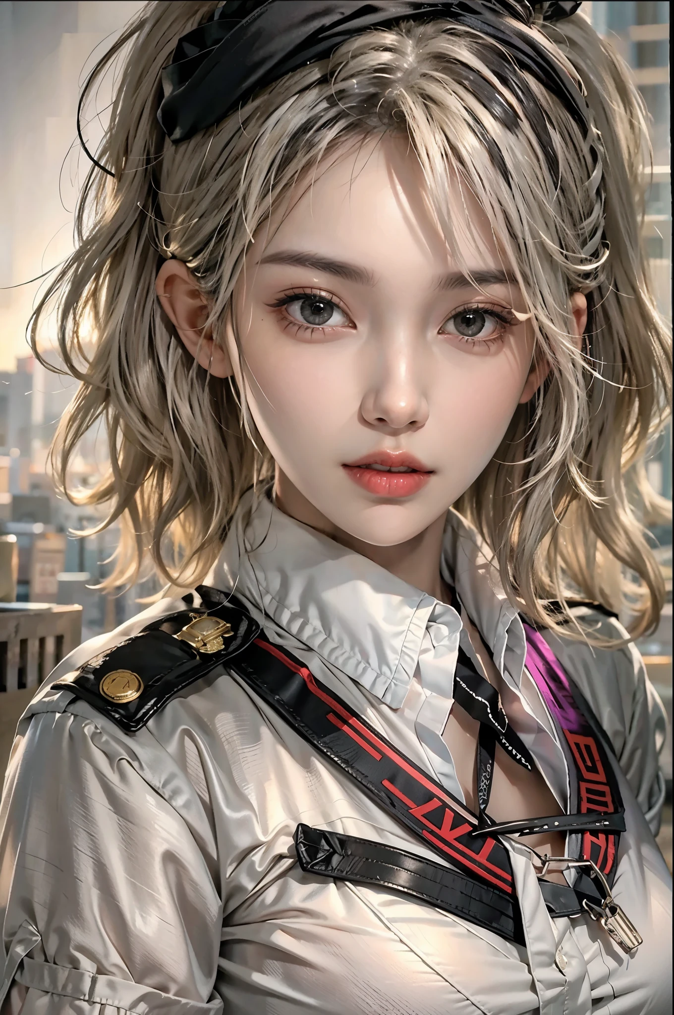 realistic, High resolution, soft light,1 female, alone, hip up, glowing skin, (detailed face),tattoo, jewelry, Secretarial Uniform, white shirt, black skirt, black stockings, garter belt, night, blonde hair, wavy hair, Beautiful Soldier, Eyes that invite the viewer, lover's perspective, an inviting look, sexy smile, perfect style, perfect balance, fine skin, naughty look, I can see your chest